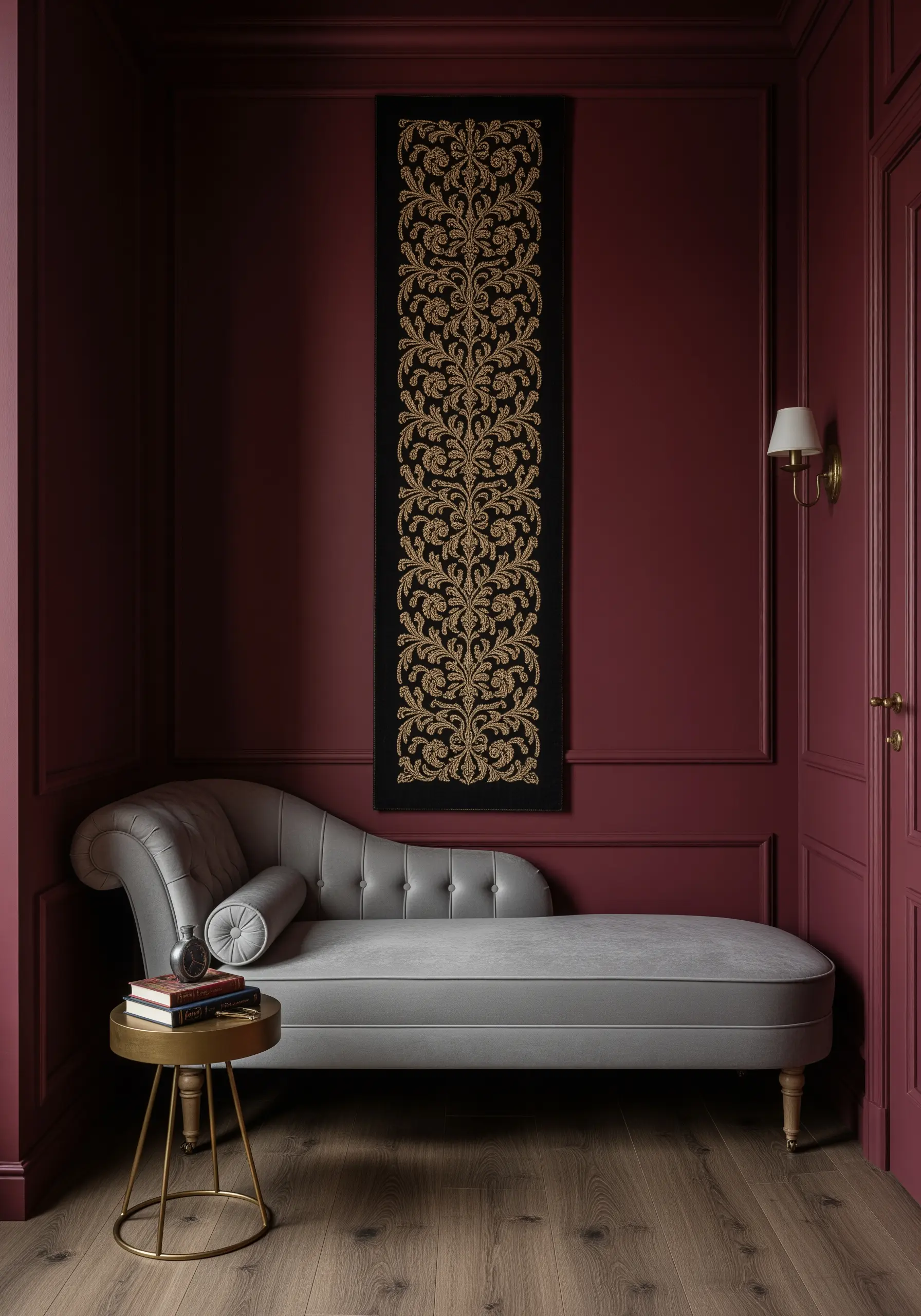 A long, narrow vertical wall tapestry with a gold damask pattern embroidered on black fabric.