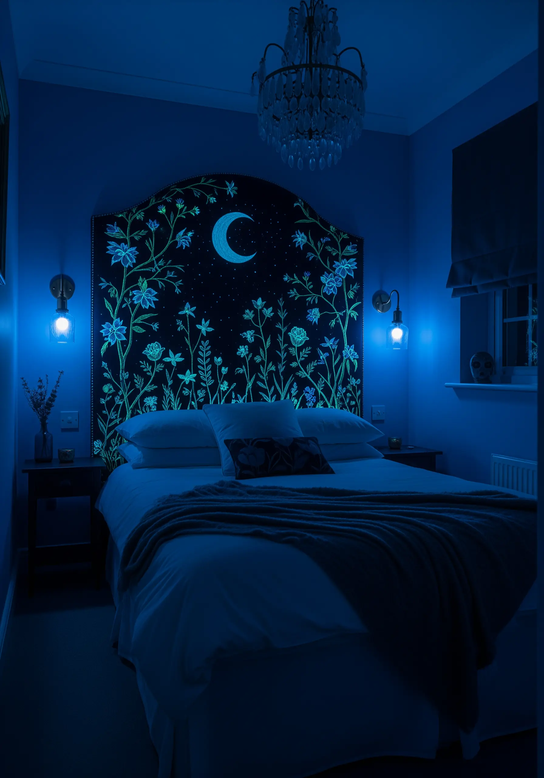 A floral embroidered headboard with a moon motif that glows with a soft blue-green light in the dark.
