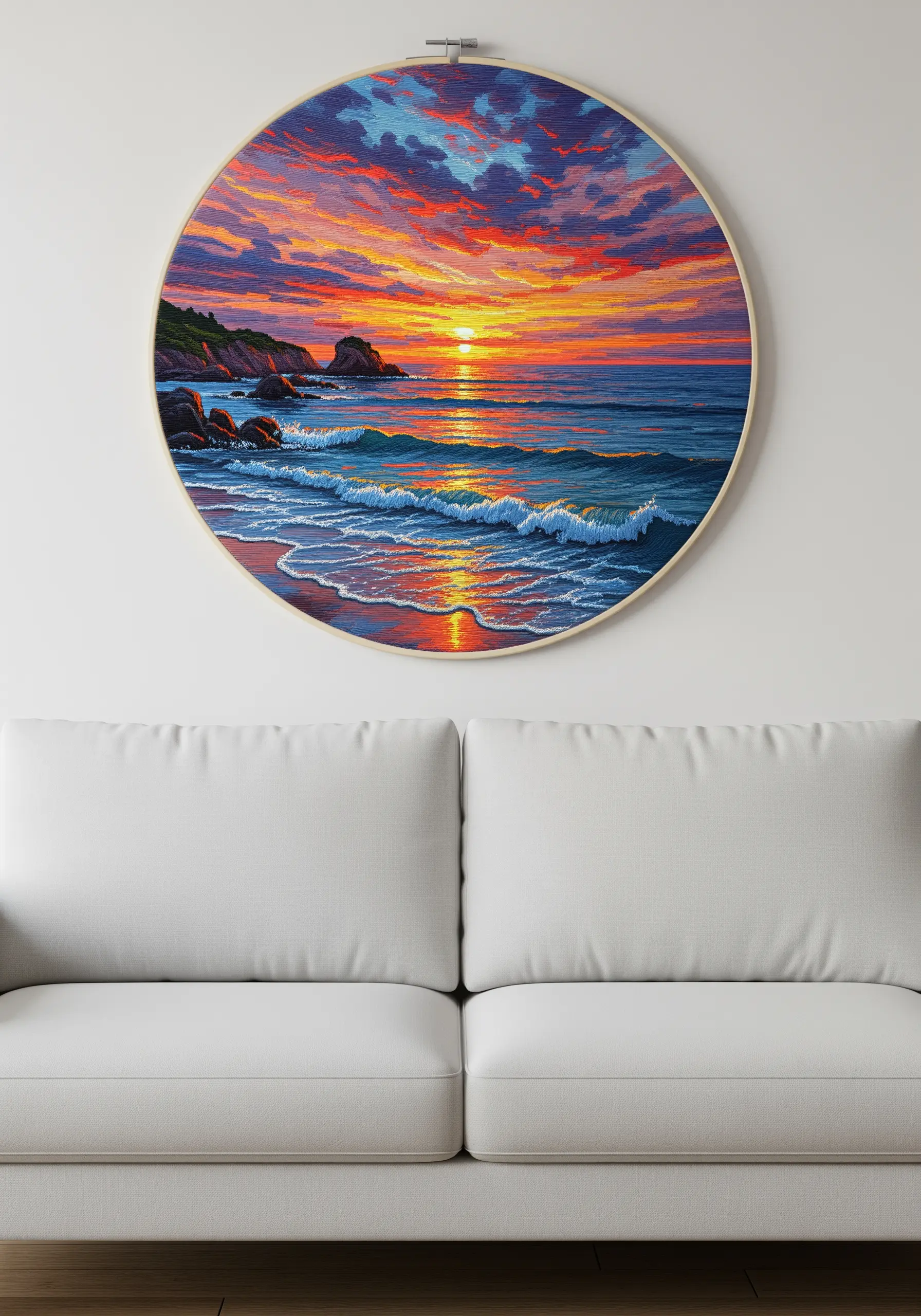 A large, incredibly detailed embroidery of a vibrant ocean sunset, resembling a painting.