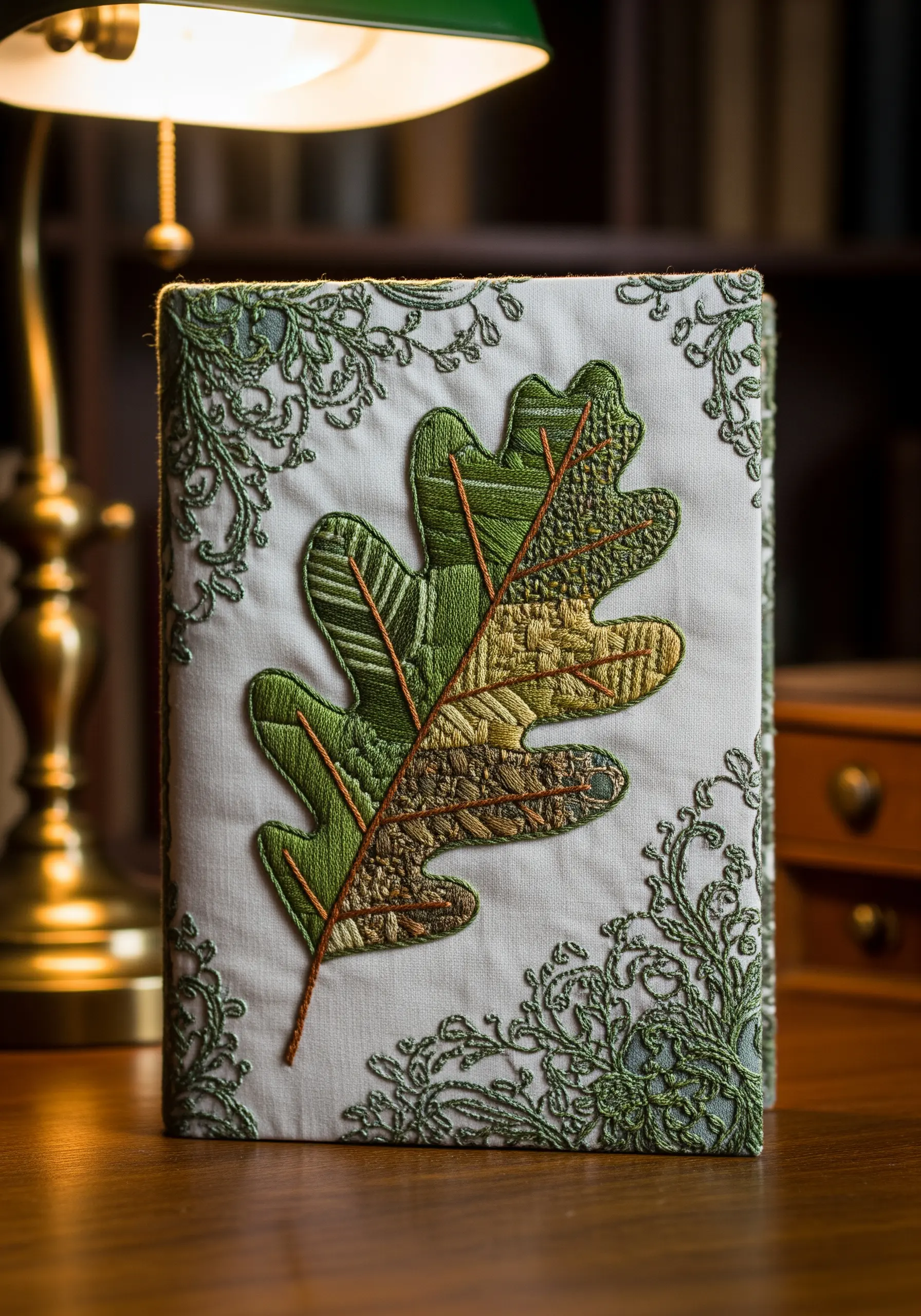 An oak leaf appliqué on a book cover, filled with various embroidery stitches.
