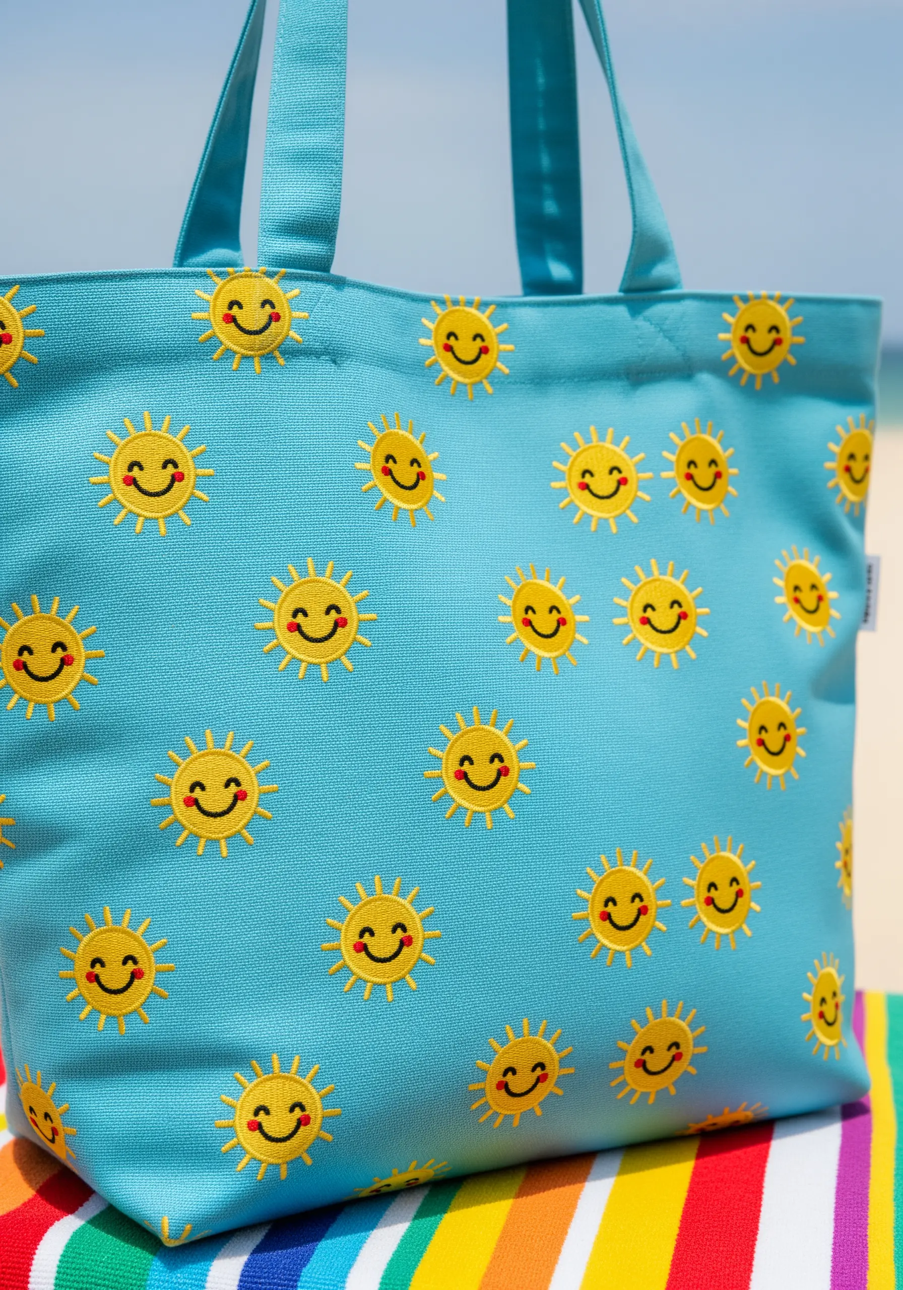 A repeating pattern of small, embroidered smiling suns on a bright blue tote bag.