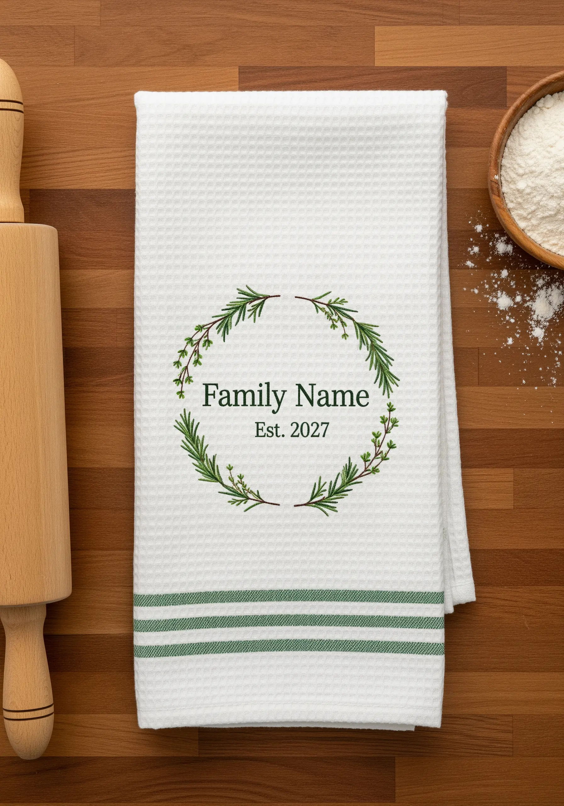 White waffle-weave kitchen towel with an embroidered family name and herb wreath.