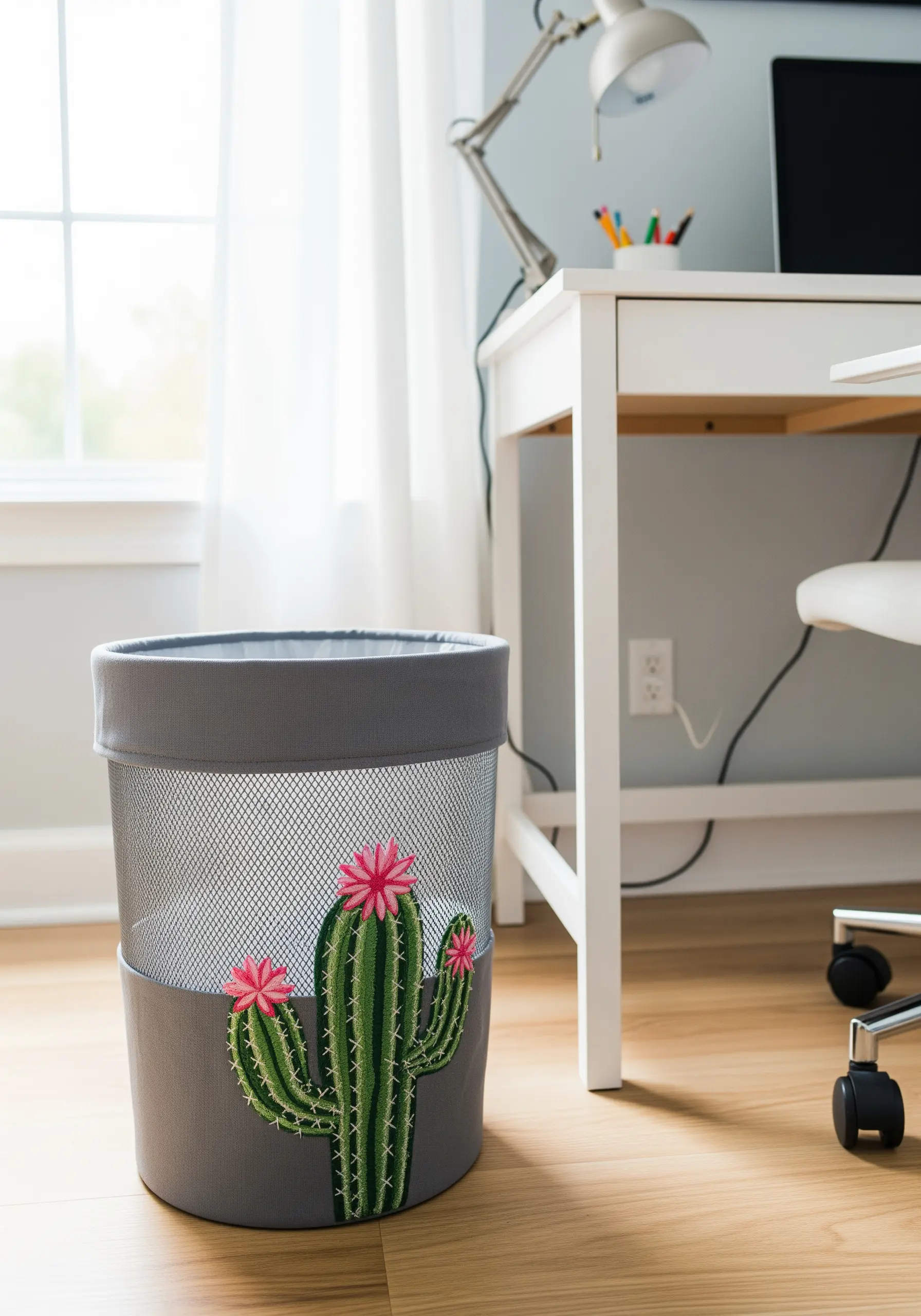 A grey mesh wastebasket decorated with a large embroidered cactus with pink flowers