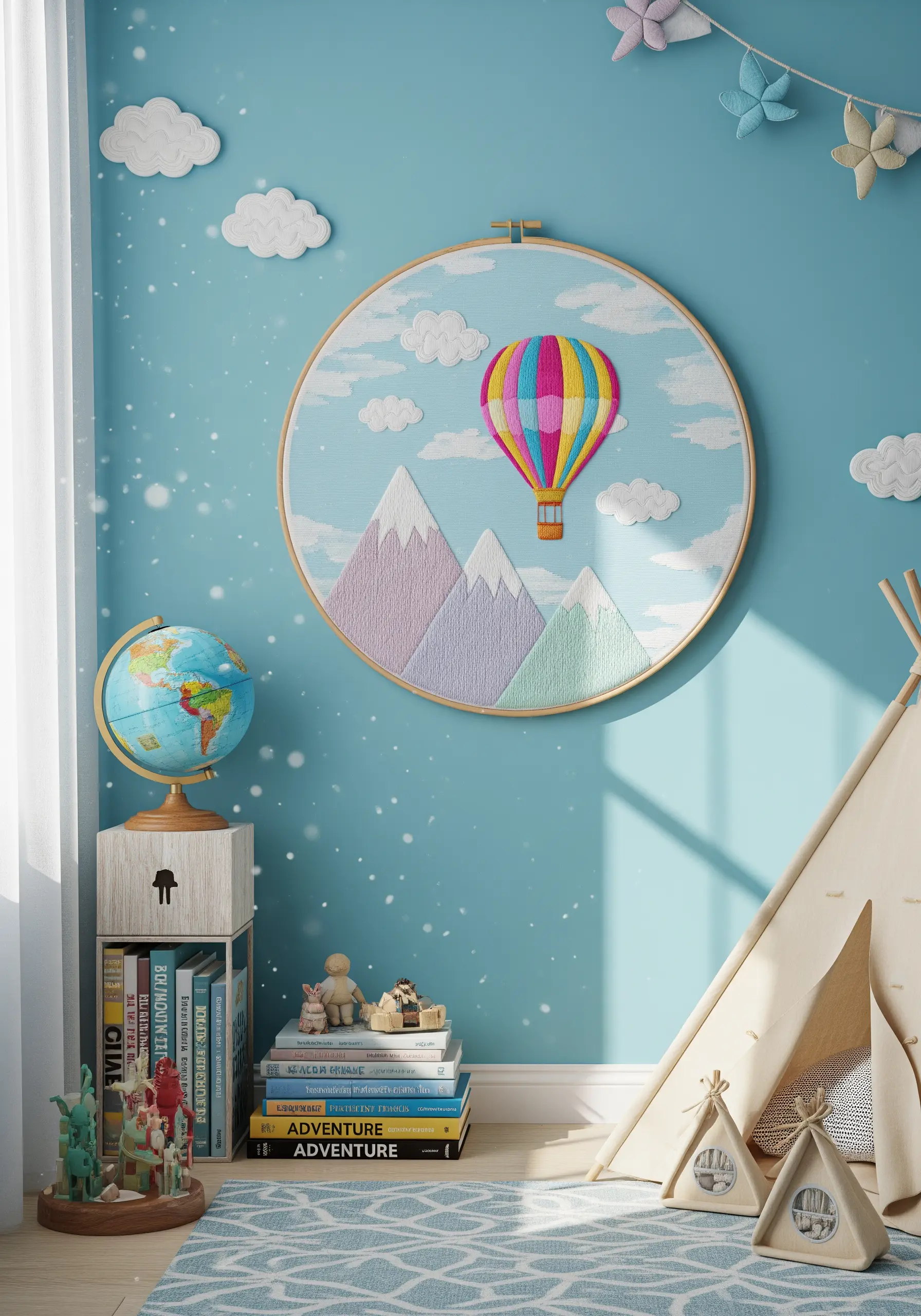 A large, colorful embroidery of a hot air balloon over mountains in a child's room.