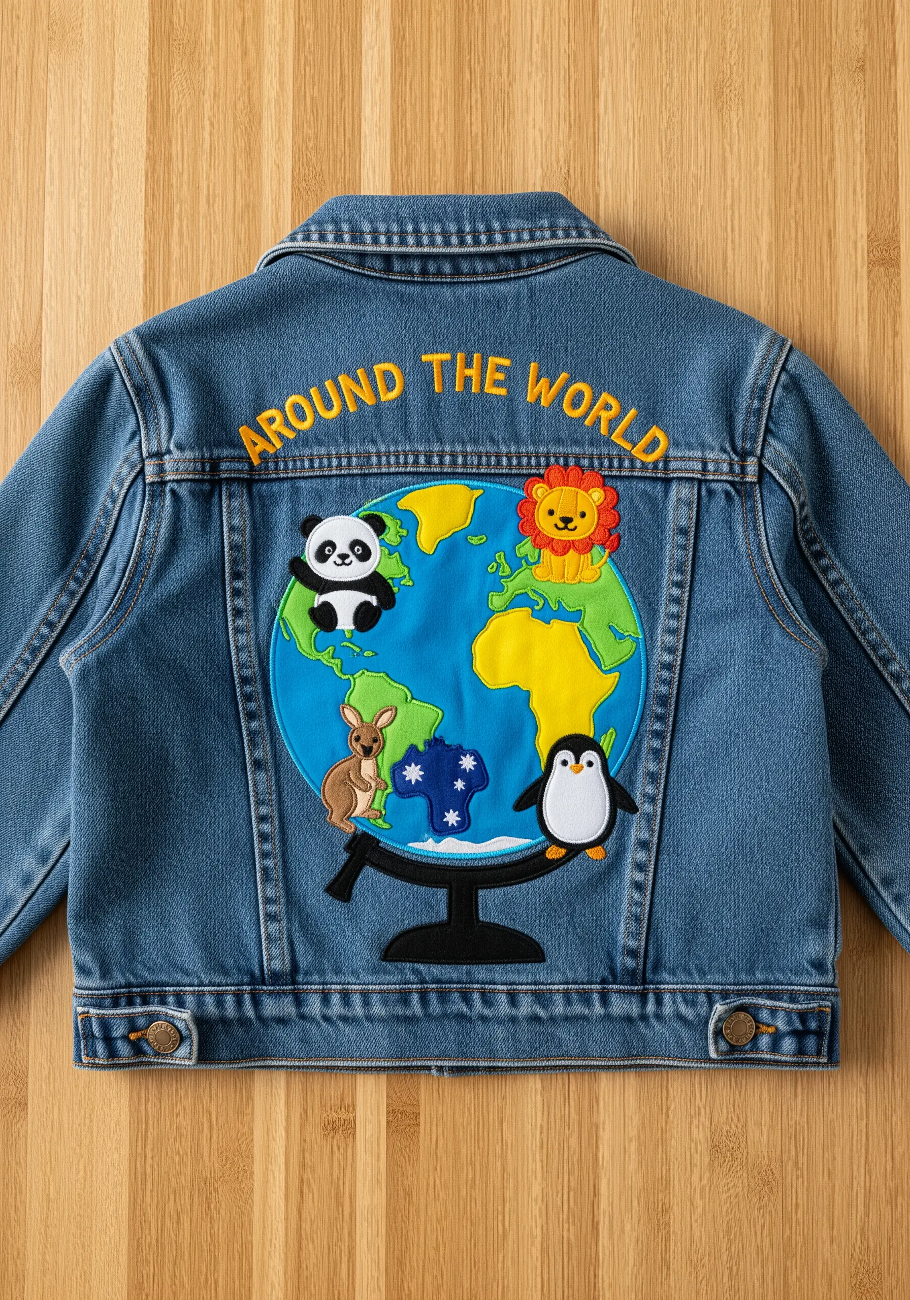 A colorful world globe with cute animal appliqués on a child's denim jacket.