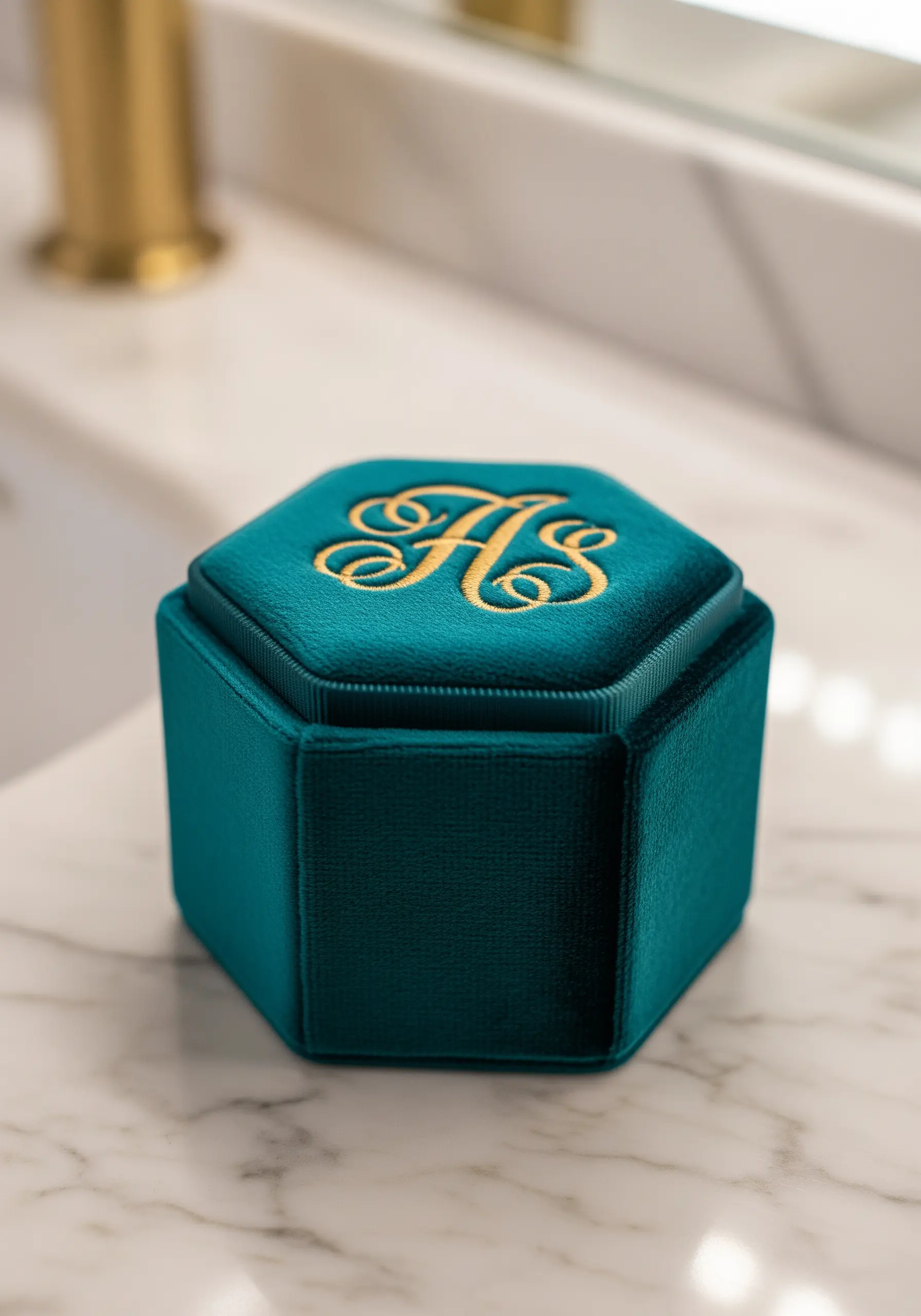 A single gold initial embroidered on the top of a teal velvet ring box.