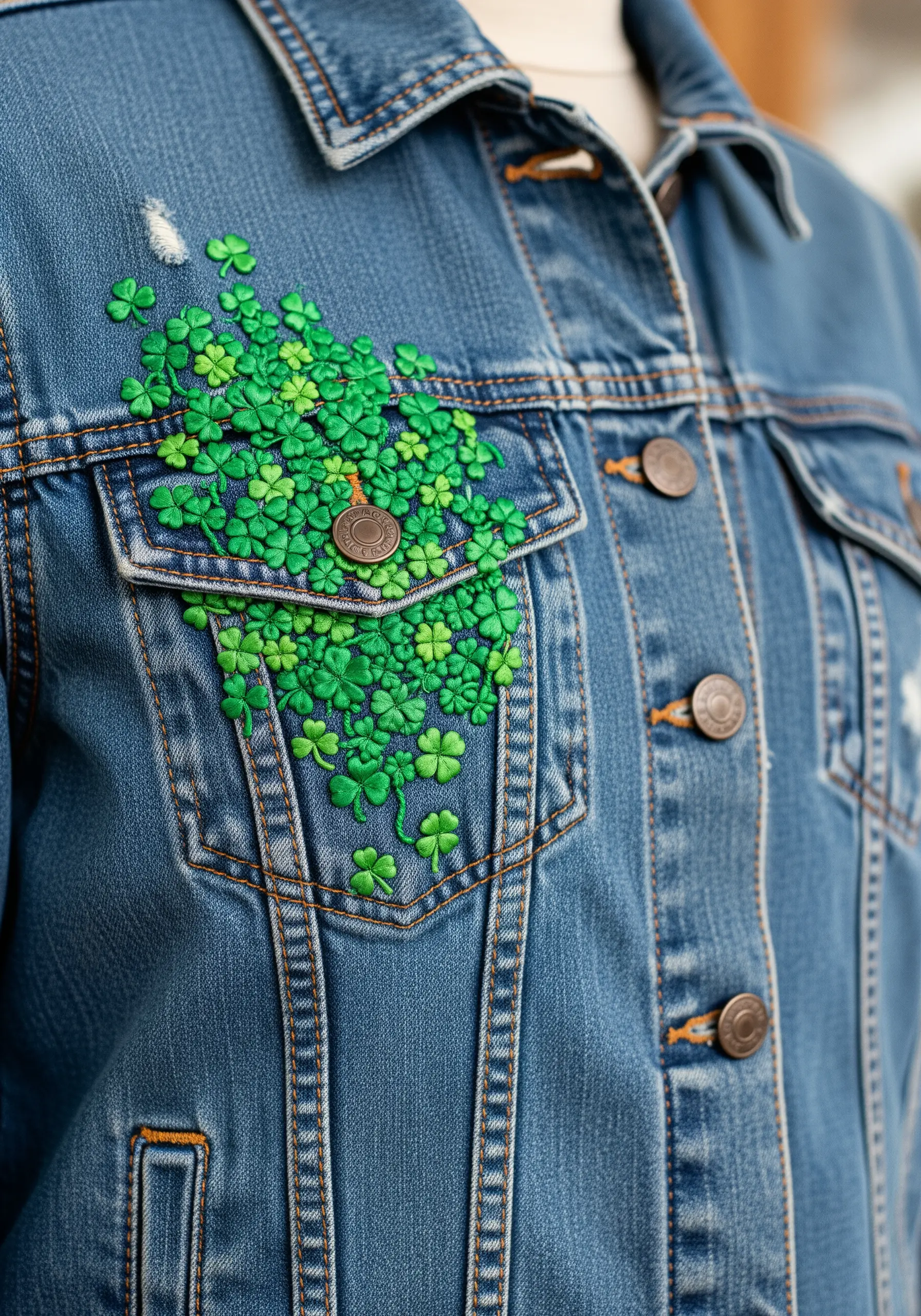 A dense cluster of tiny green embroidered clovers spilling from a jacket pocket.