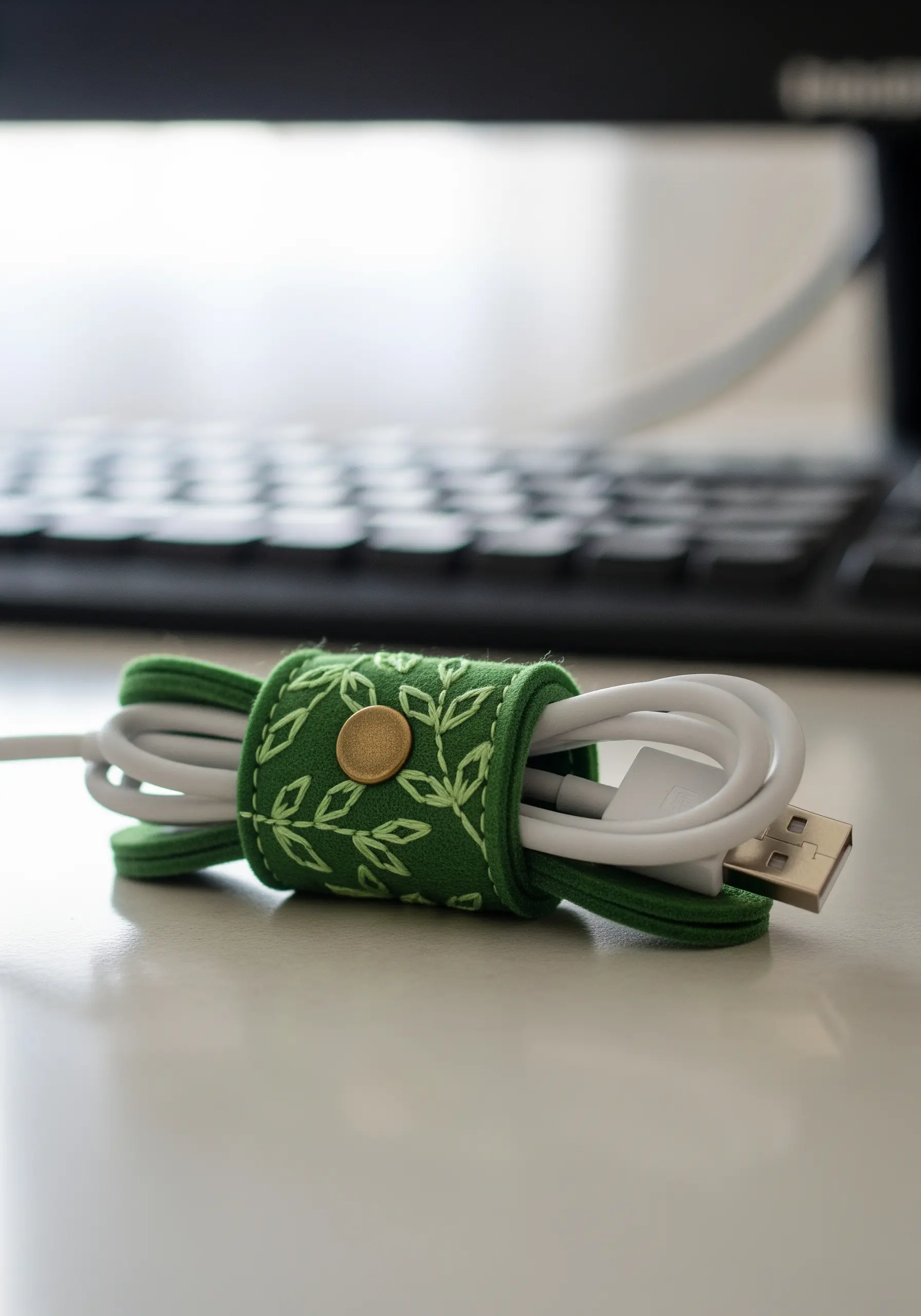 A green felt cable tie with a light green leaf vine pattern, wrapped around a white USB cable