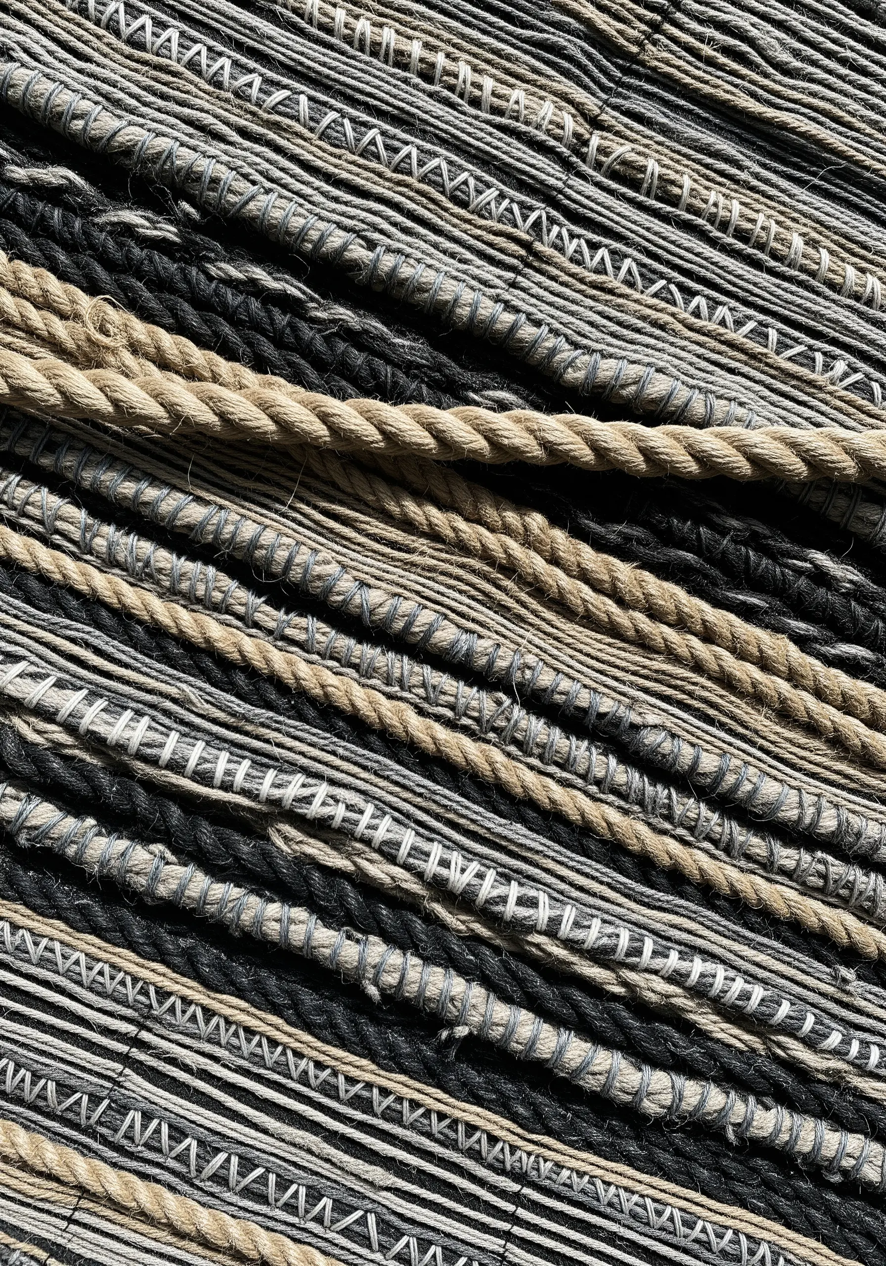 A close-up of various neutral-toned ropes and threads stitched together in rows.