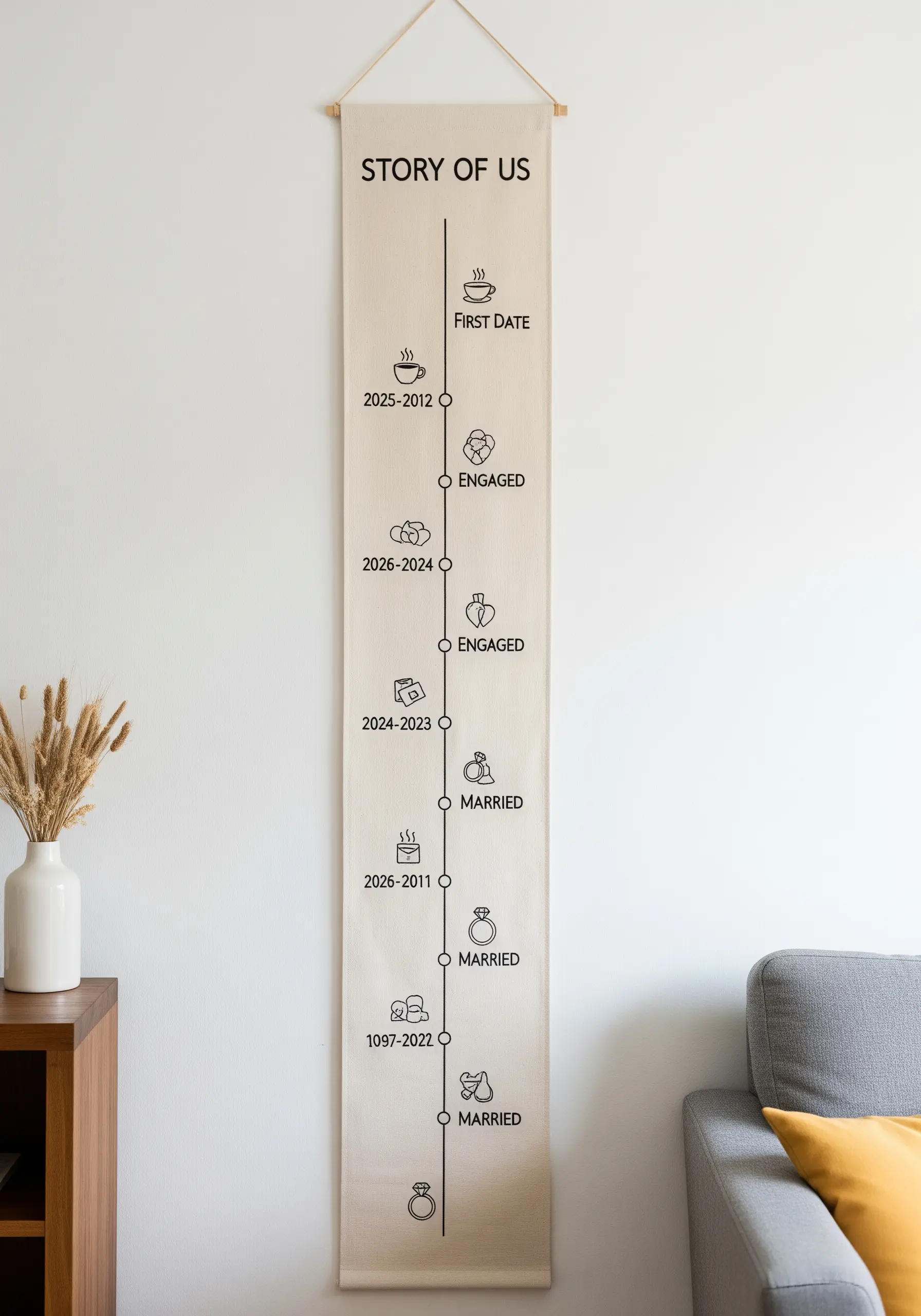 A long wall hanging with an embroidered timeline of a relationship's milestones.