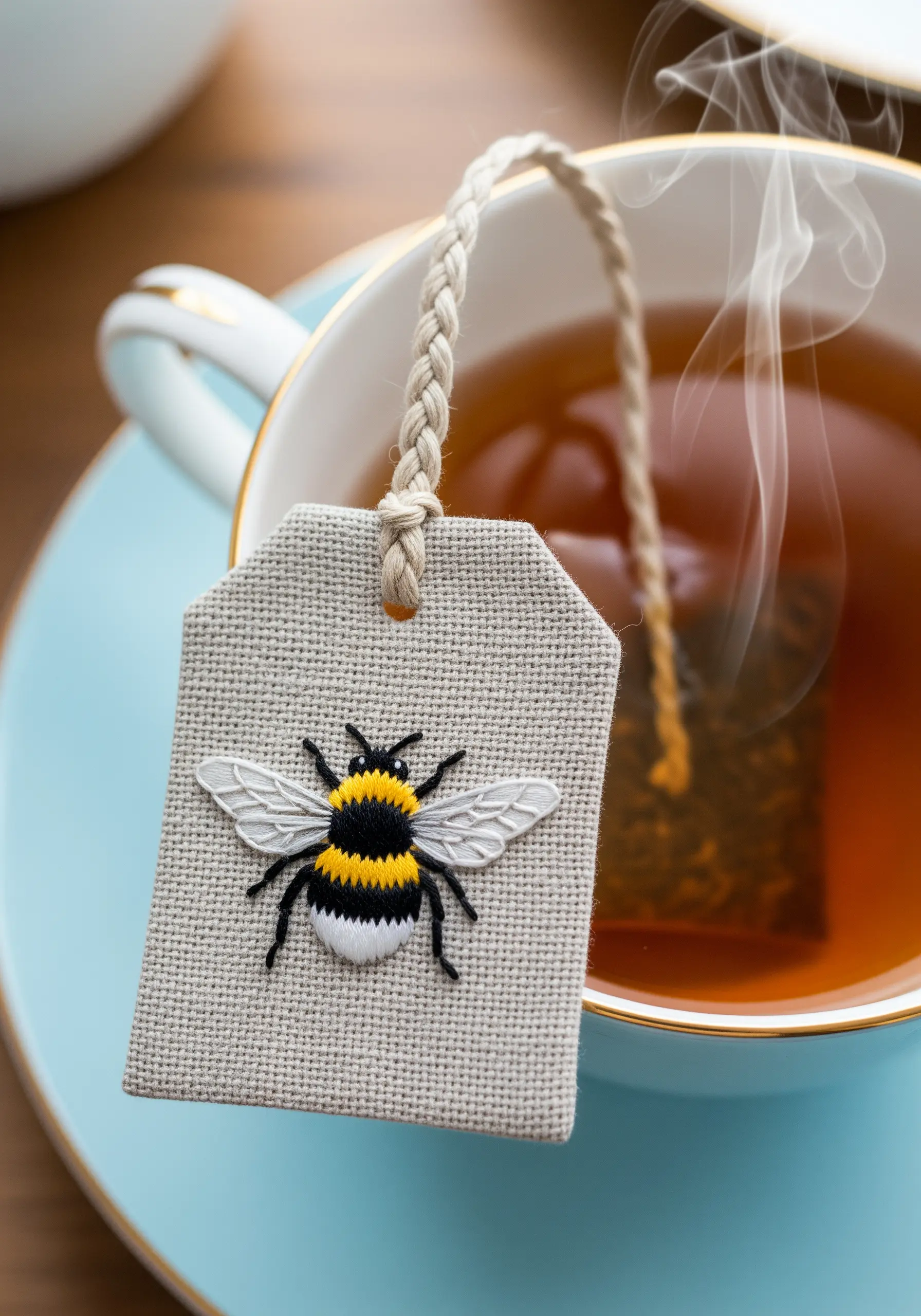 A reusable linen tea bag tag with a realistically embroidered bee.