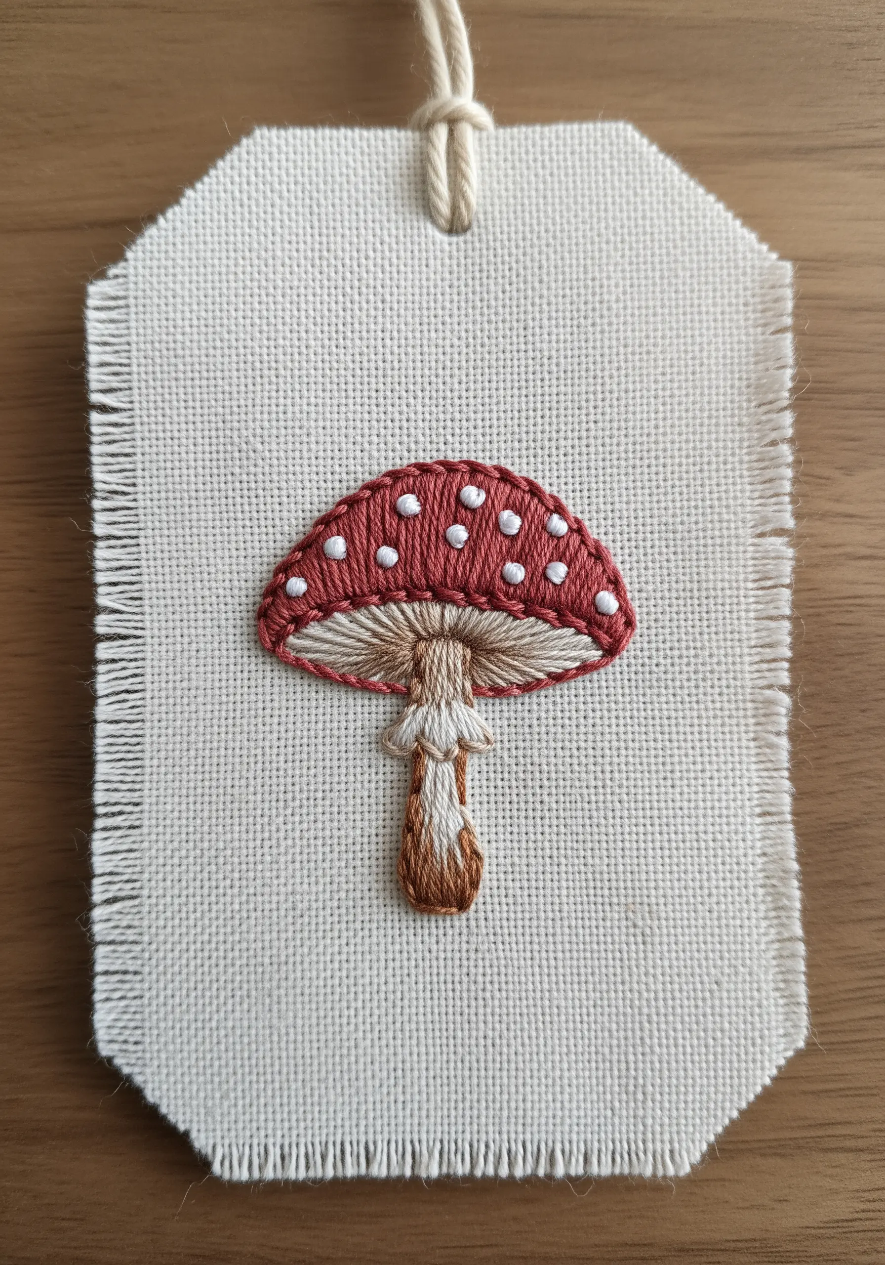 Embroidered mushroom bookmark with a red cap, white spots, and frayed edges.