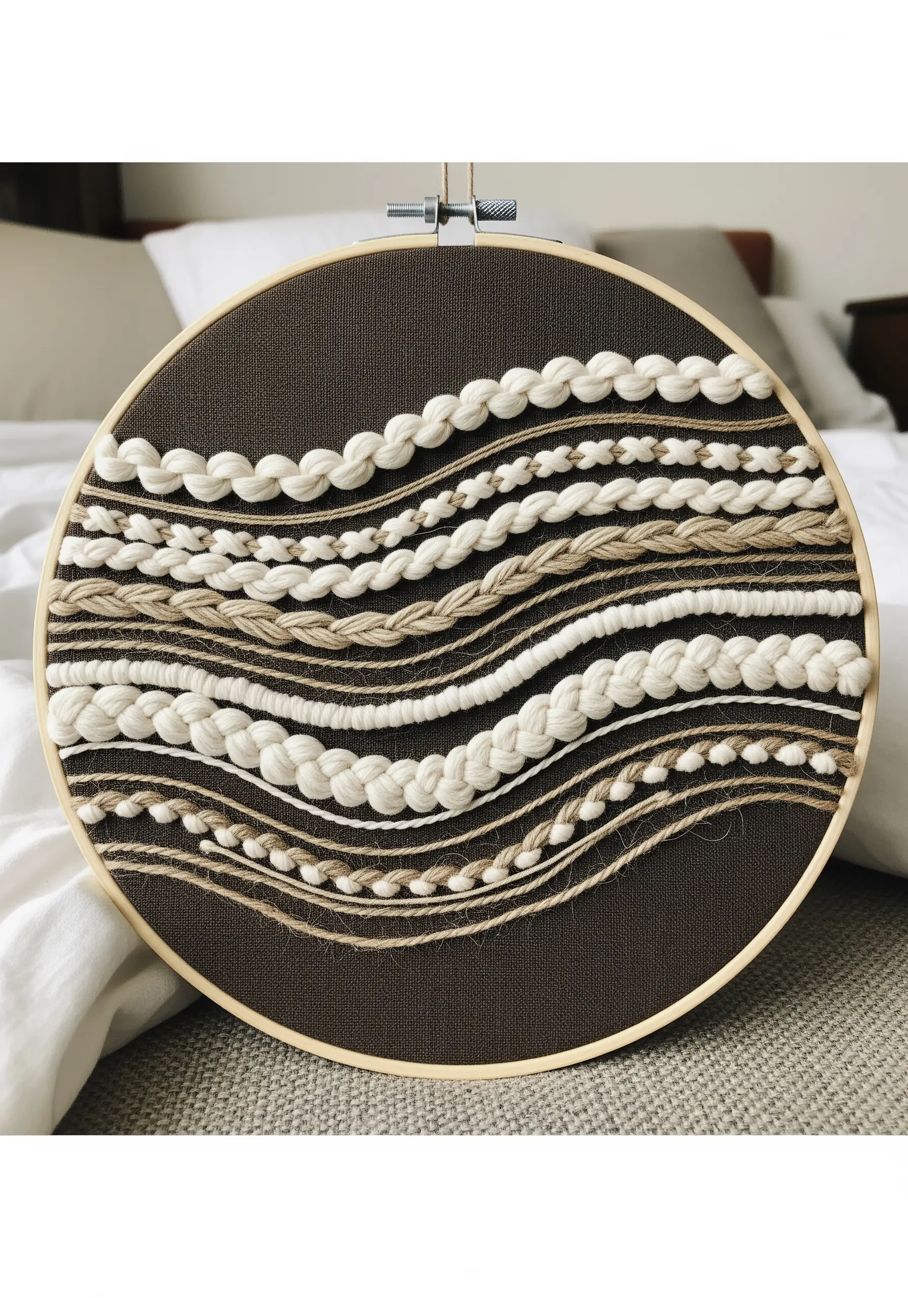 Embroidery hoop with wavy horizontal lines of various textured stitches in neutral tones.
