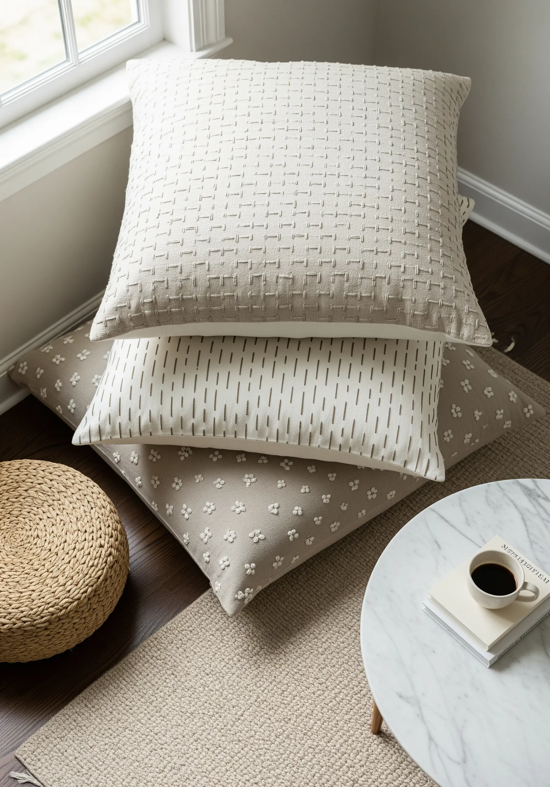 A stack of three pillows, each with a different minimal textural pattern.