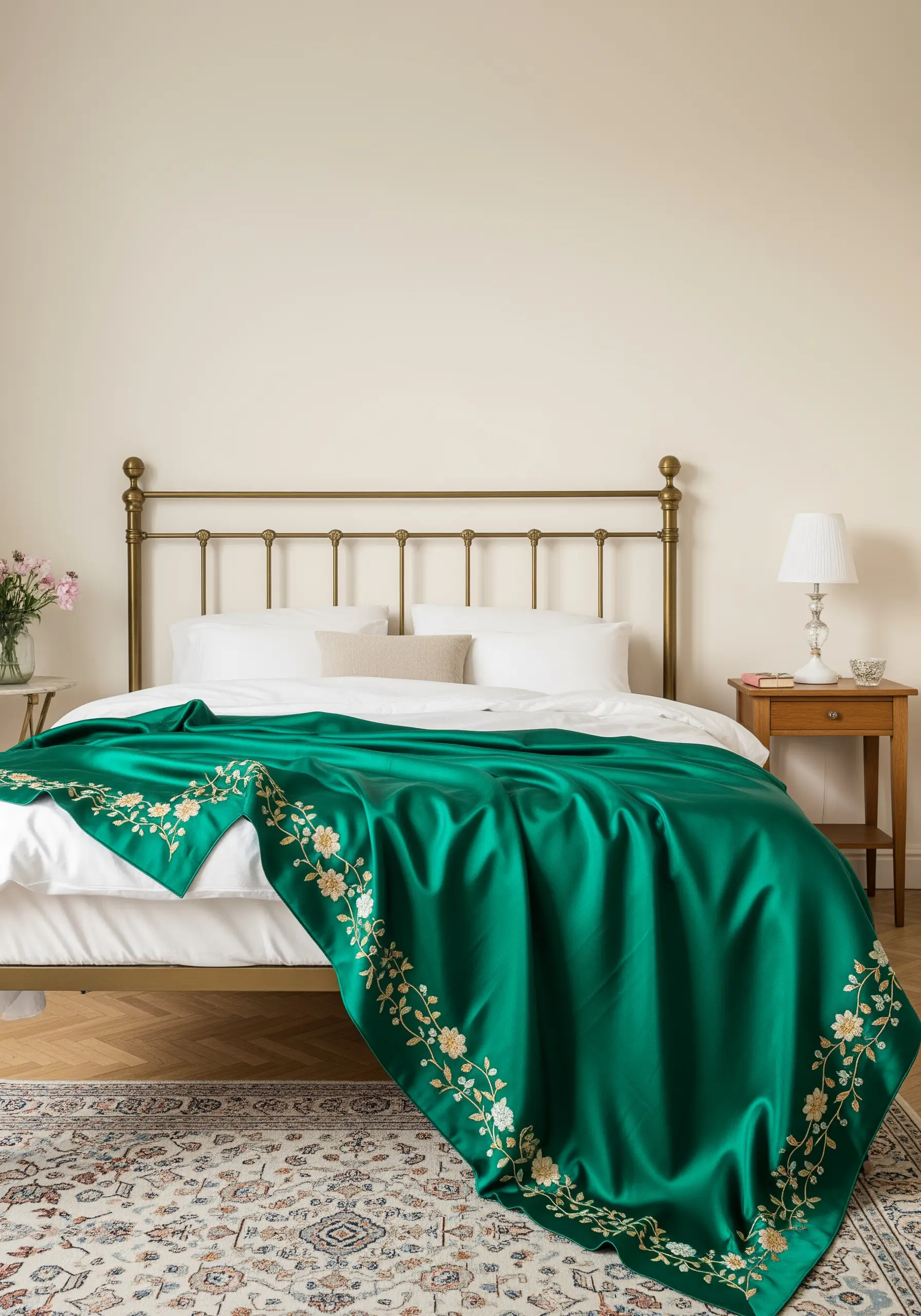 An emerald green satin throw blanket with delicate, embroidered floral borders in cream and gold.
