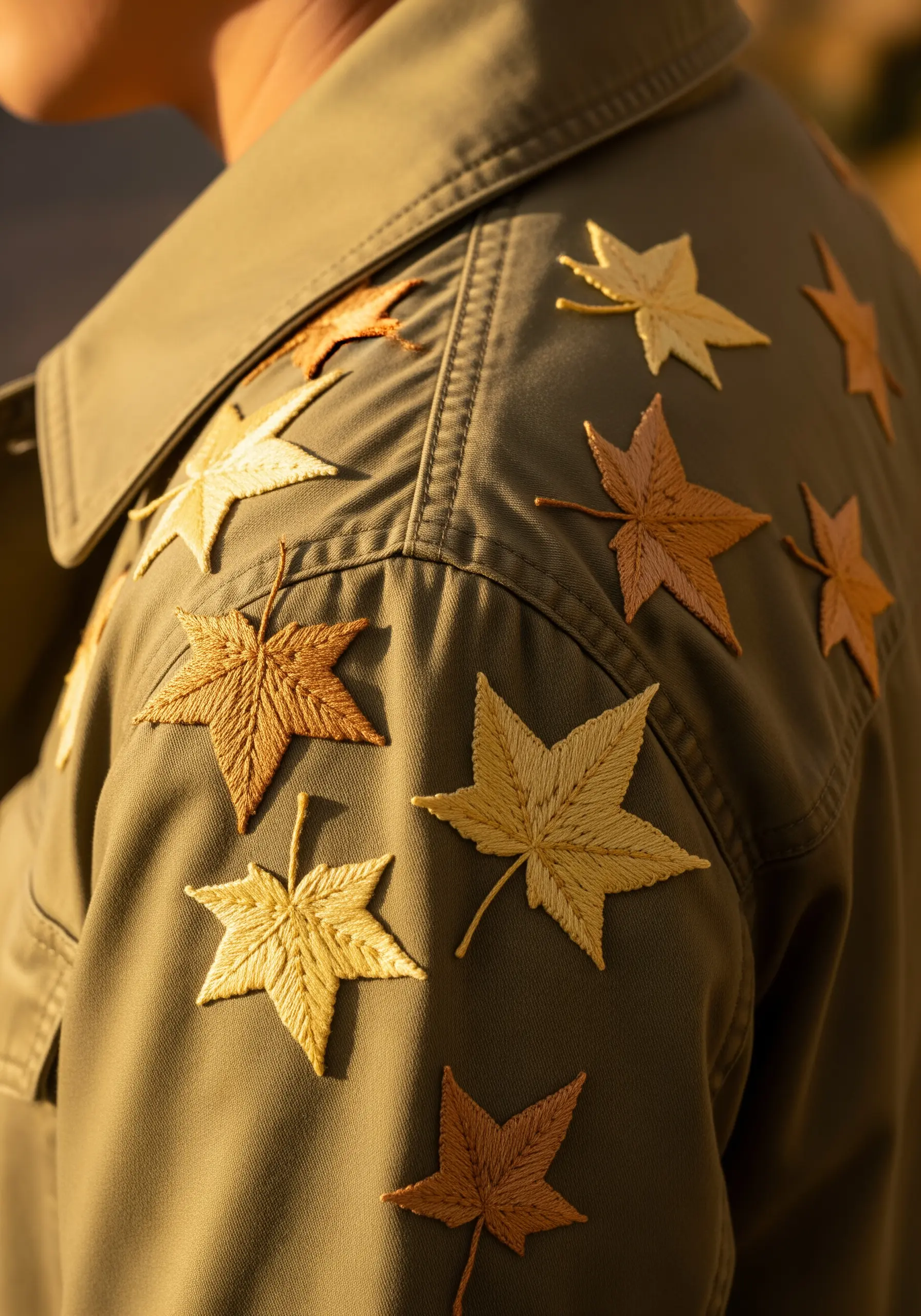 Scattered autumn leaves in shades of yellow and brown embroidered on a jacket's shoulder.