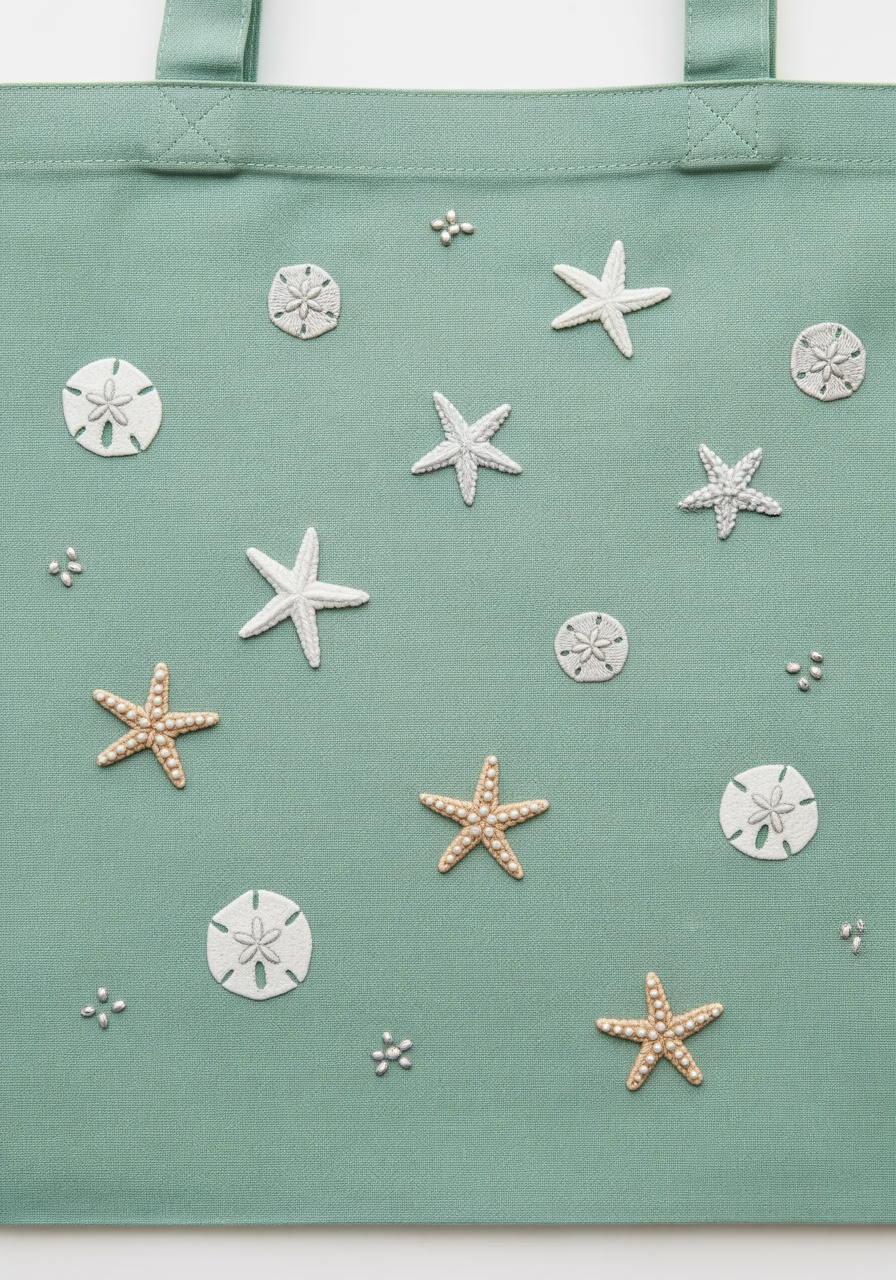 A scattered pattern of embroidered starfish and sand dollars on a muted green tote bag.