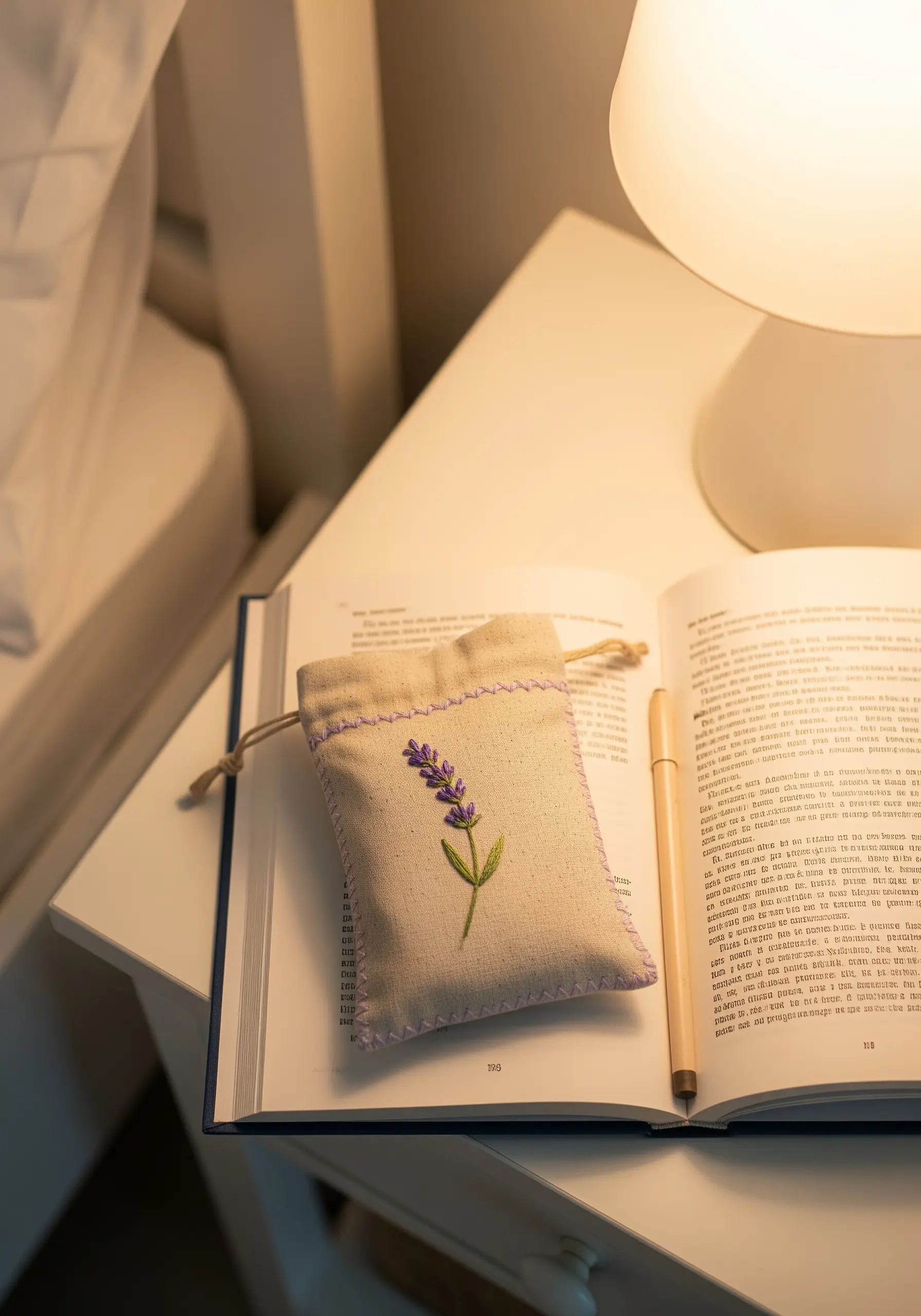 Small linen drawstring pouch with a single embroidered lavender sprig.