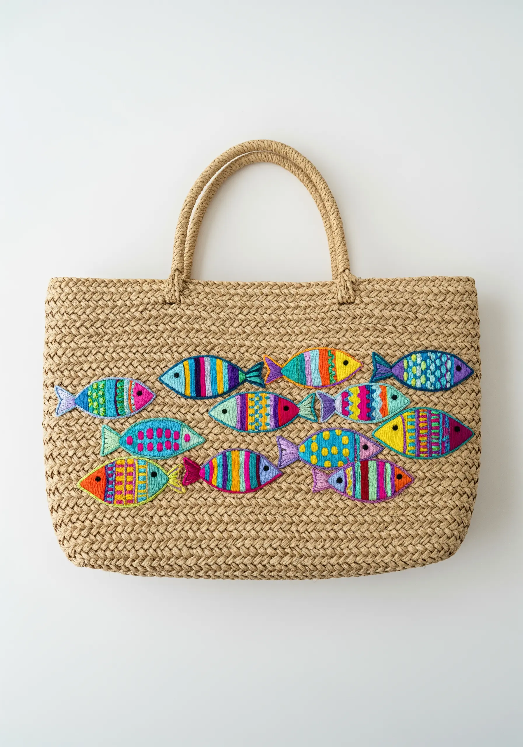 A group of brightly colored, patterned fish embroidered on a woven straw tote bag.