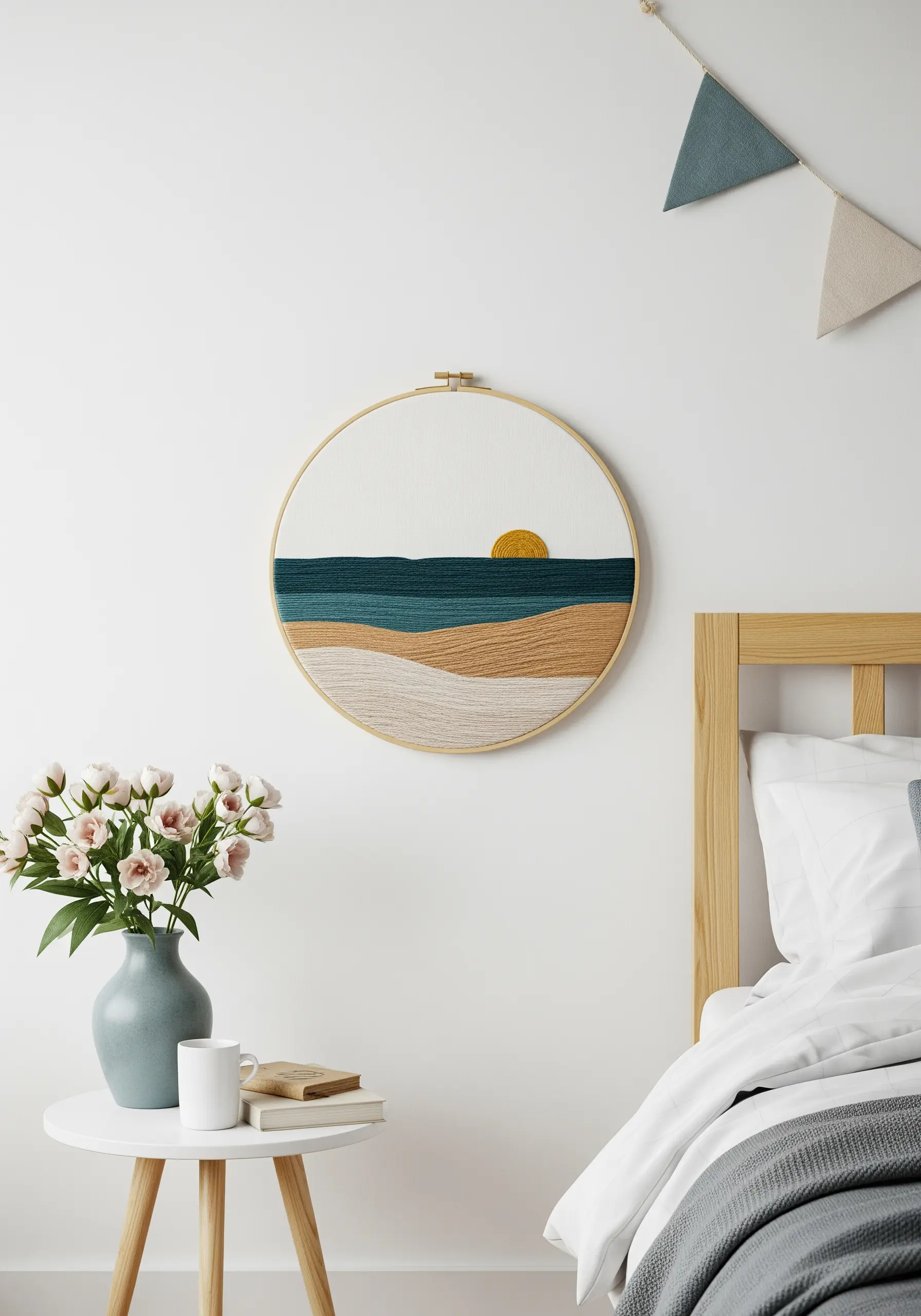 Abstract seascape with color-blocked waves and sand in a hoop, hanging in a bedroom.