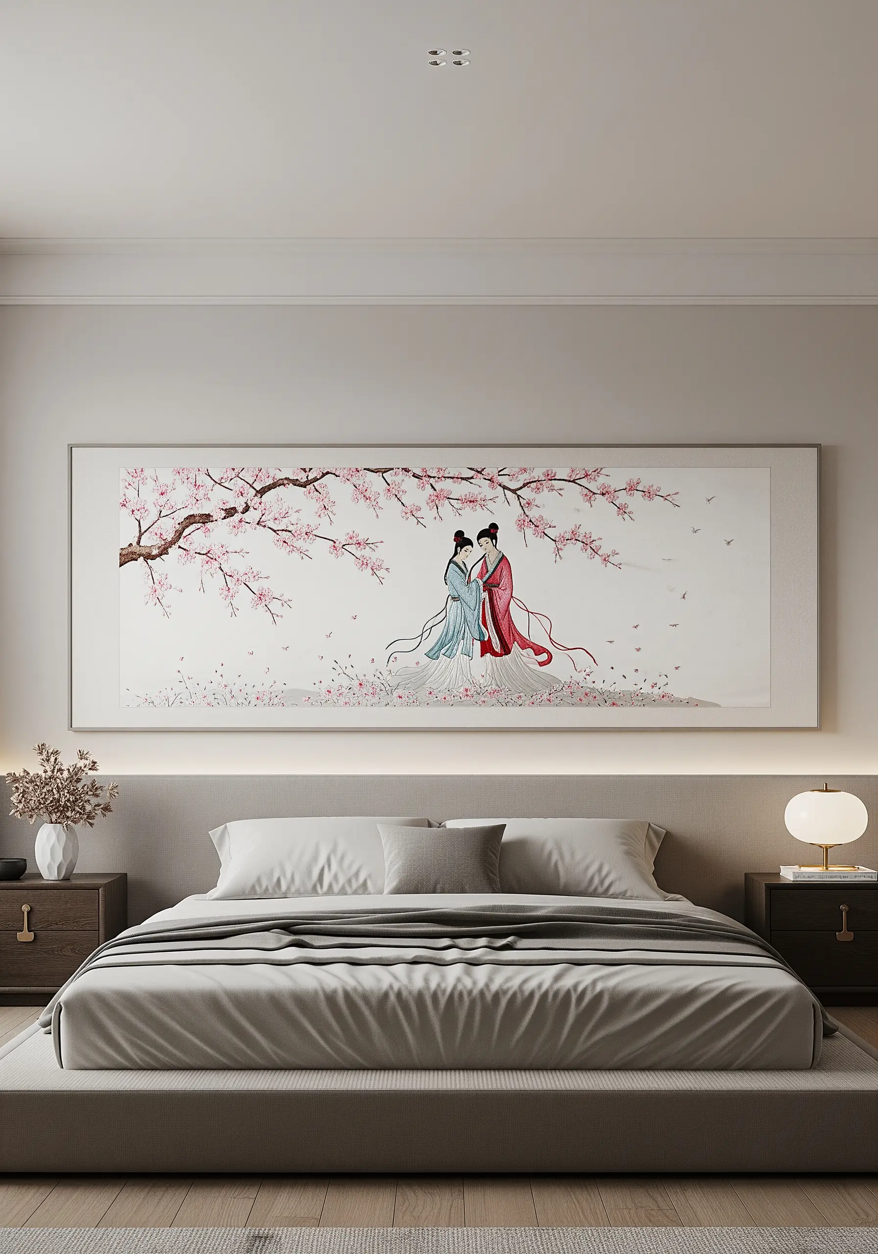 A Japanese-inspired embroidery of a couple under a cherry blossom tree, stitched delicately.