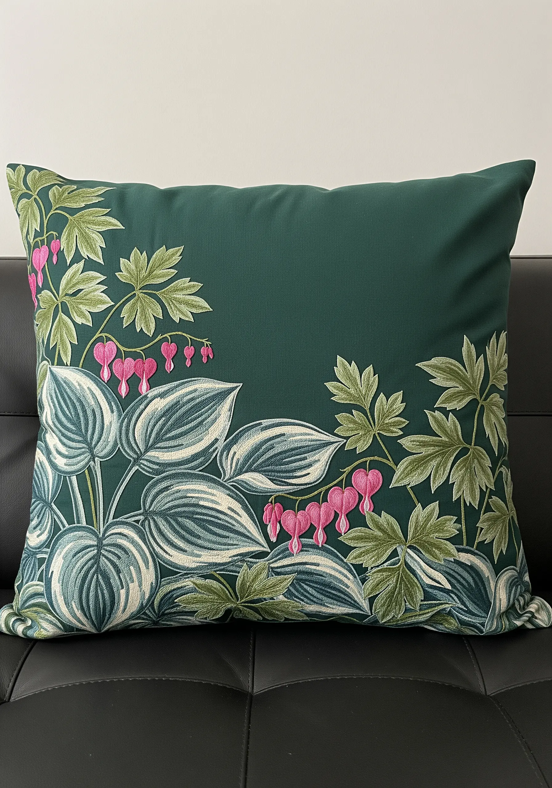 Embroidered hosta leaves and pink bleeding heart flowers on a dark green cushion.