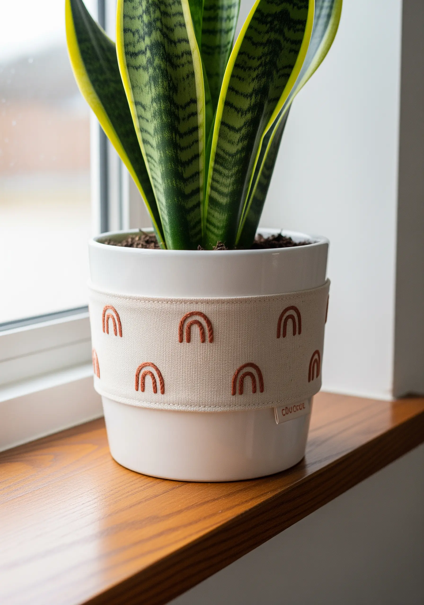A fabric plant pot cover embroidered with a pattern of minimalist, earthy-toned rainbows.