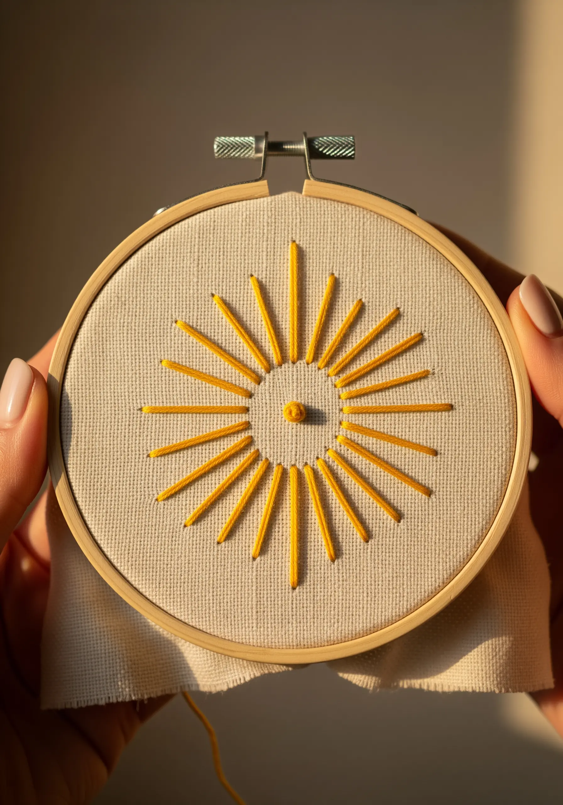 A sunburst motif made of yellow straight stitches radiating from a central knot.