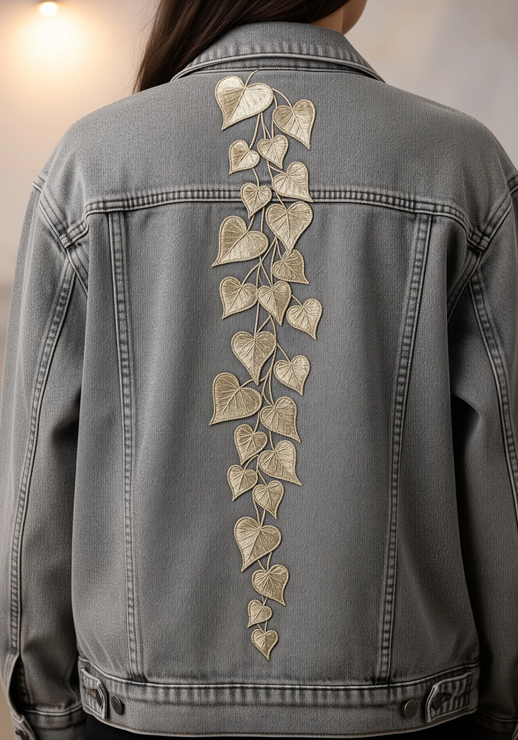 A long, delicate vine with heart-shaped leaves embroidered in gold down a jacket's spine.