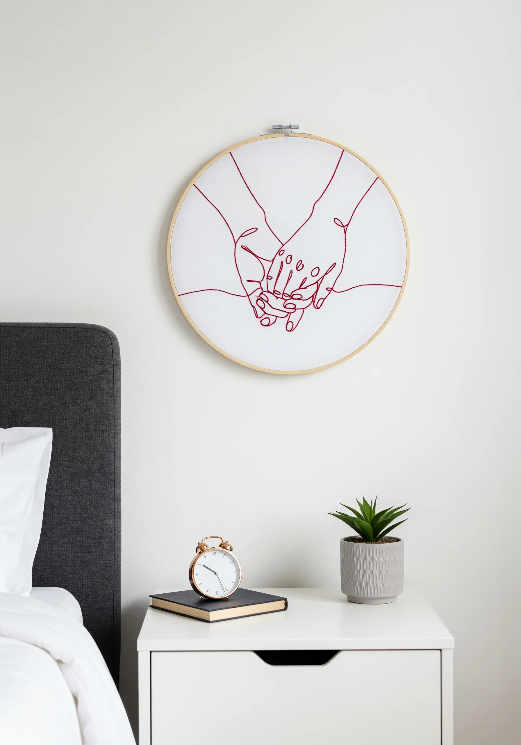 Minimalist red line art embroidery of holding hands in a hoop on a nightstand.