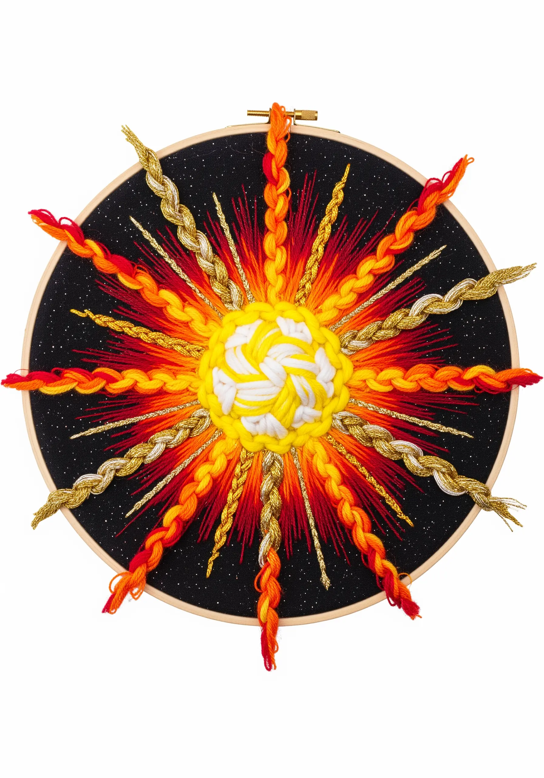A vibrant sun embroidery with a woven center and rays made of braided and metallic threads.
