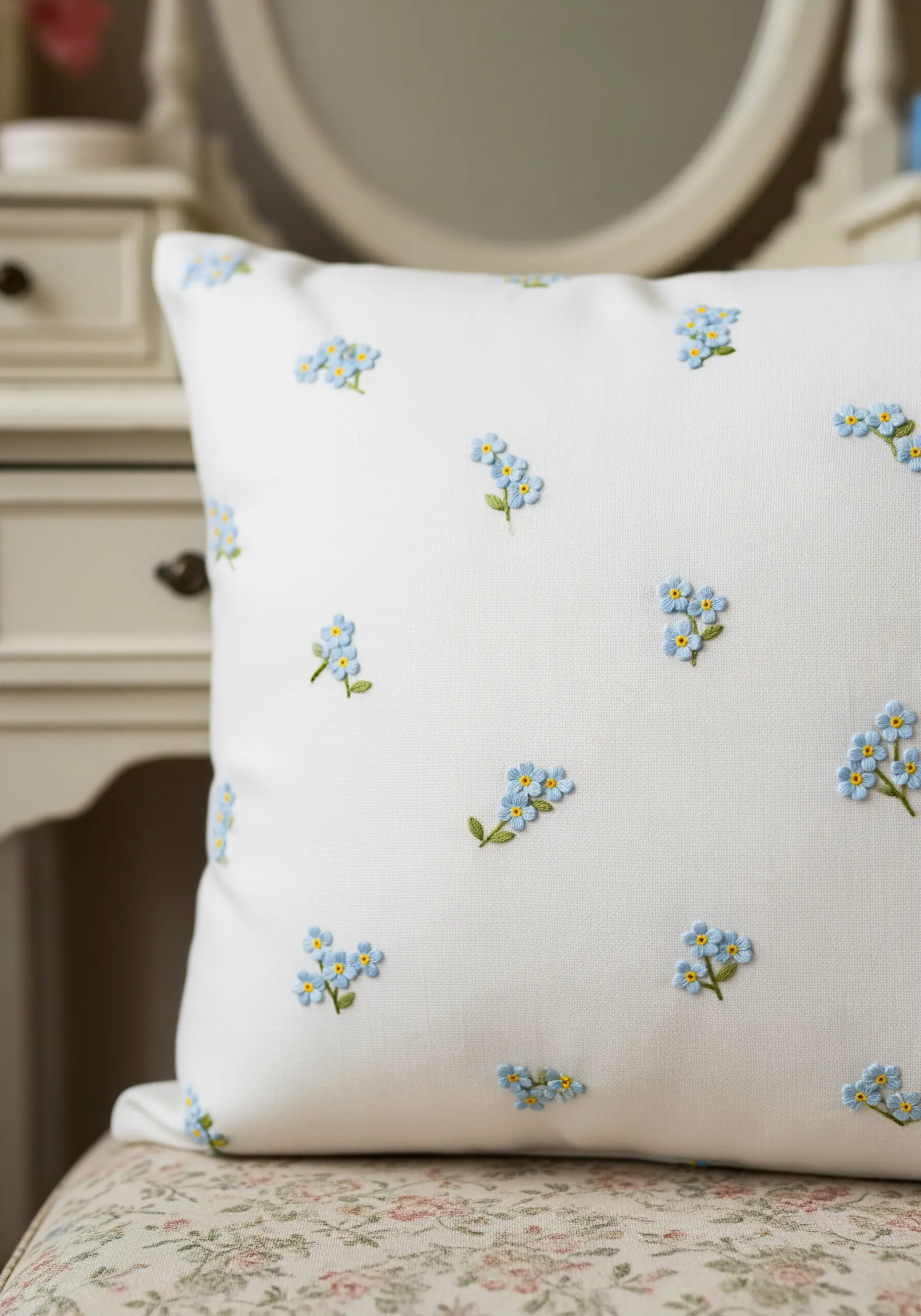 Small, scattered clusters of blue forget-me-nots embroidered on a white cushion.
