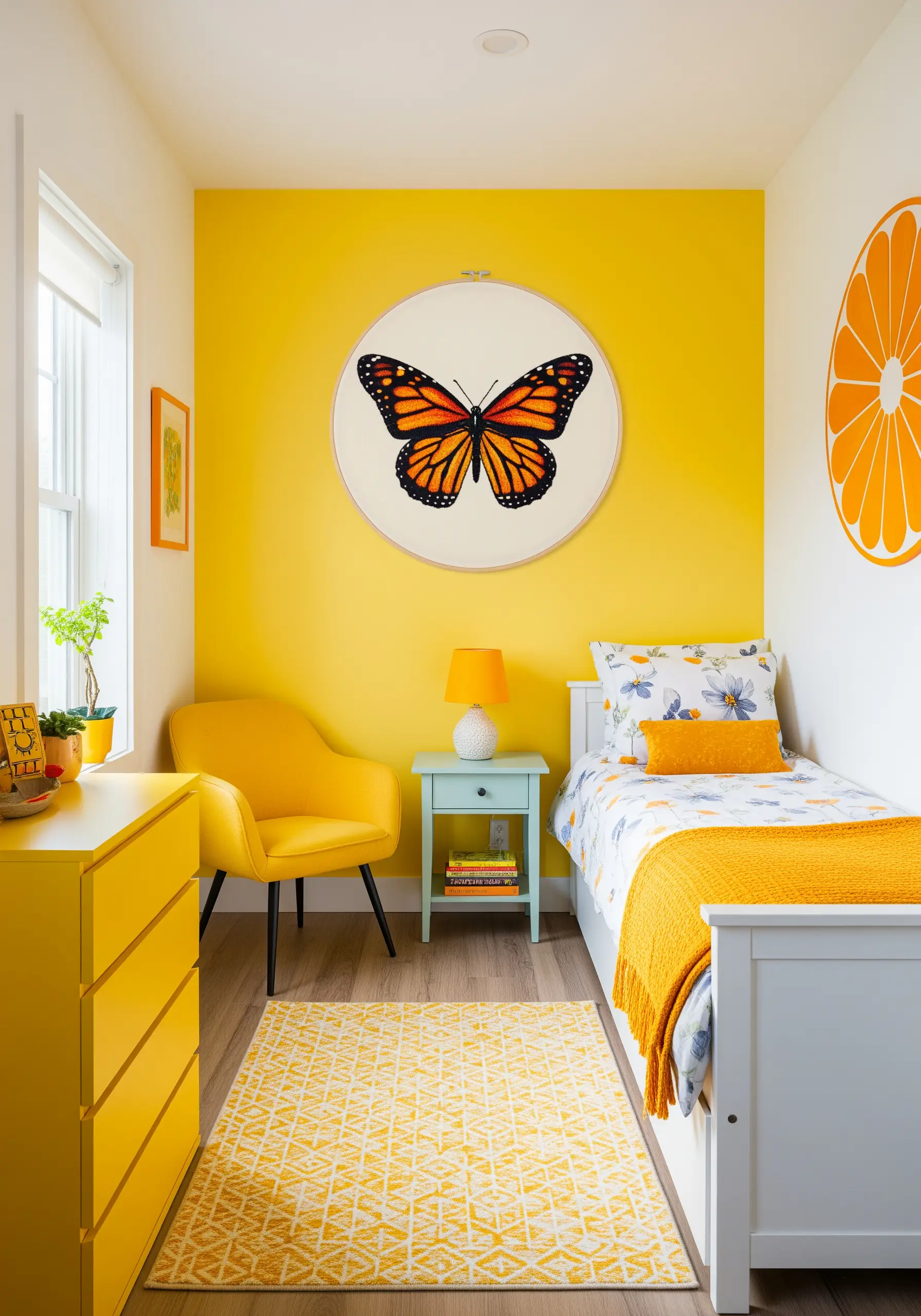 A large embroidery hoop on a bright yellow wall, featuring a detailed, realistic monarch butterfly.