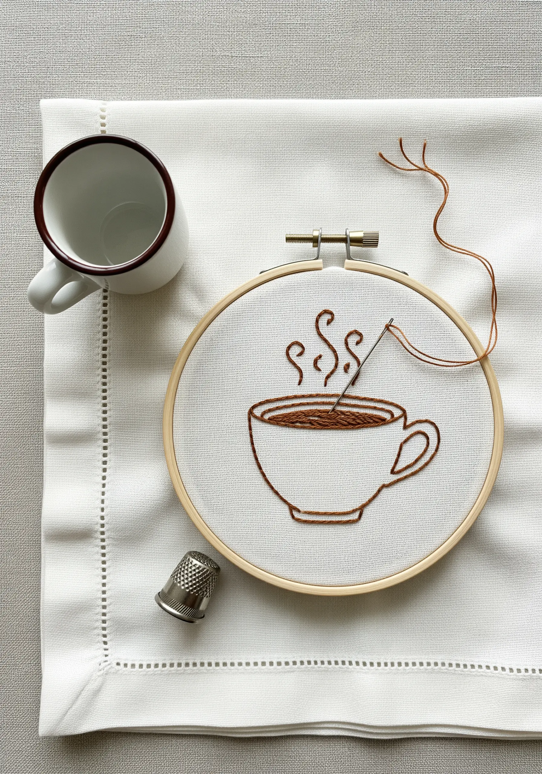A line-art embroidery of a coffee cup with delicate, single-thread steam.