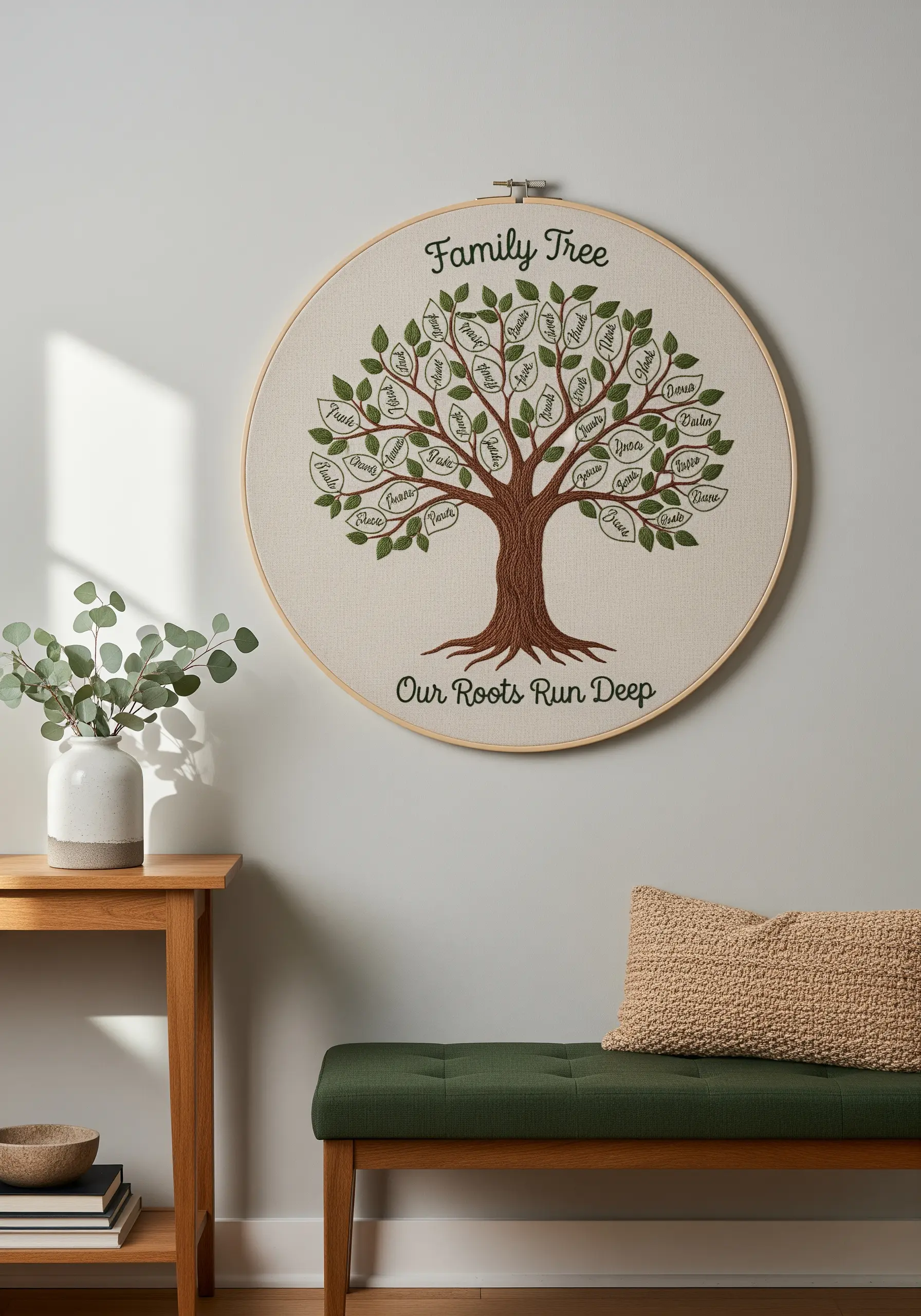 A large embroidery hoop with a stitched family tree, featuring names on each leaf.