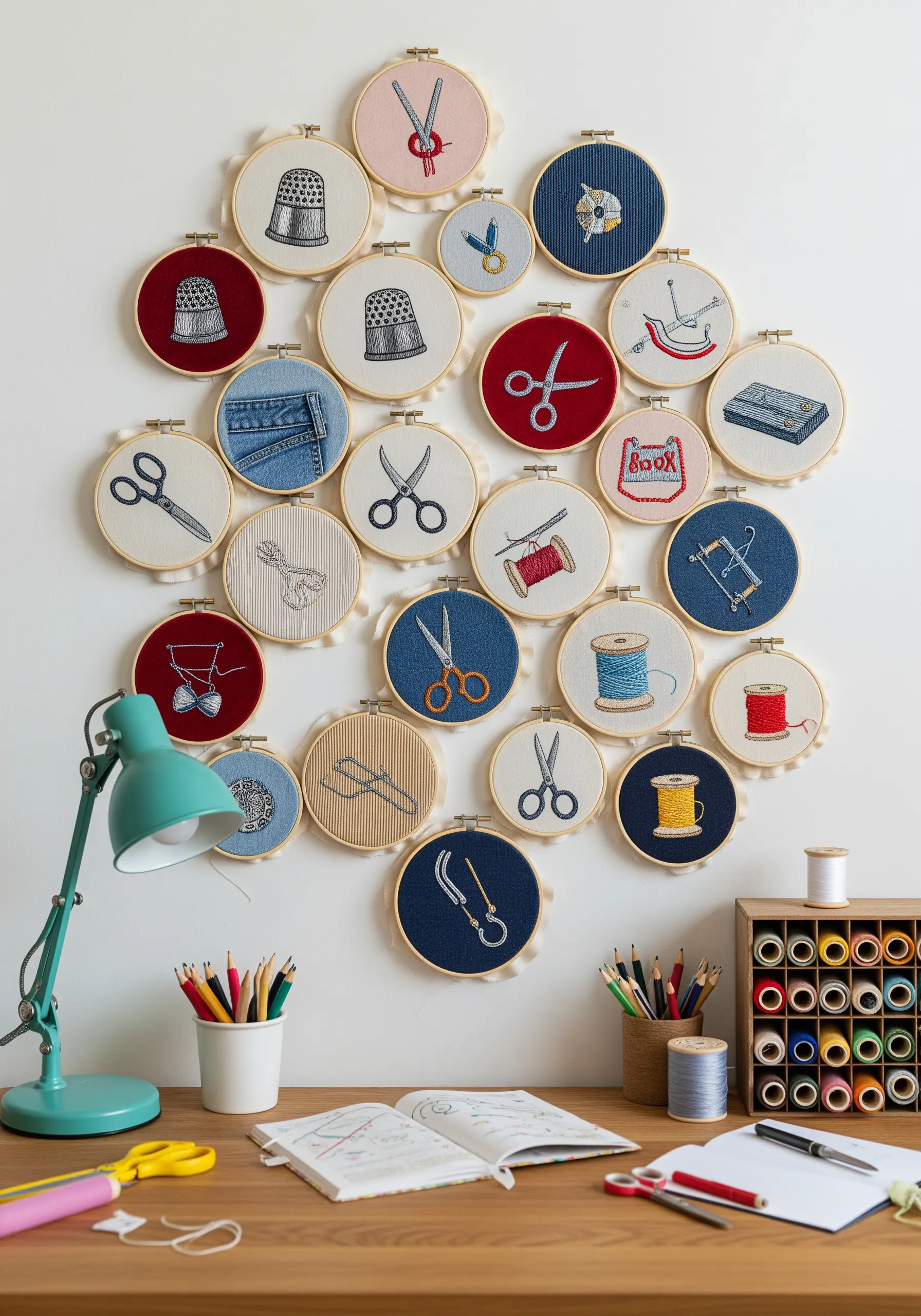 A gallery wall of many small embroidery hoops, each featuring a different sewing notion.
