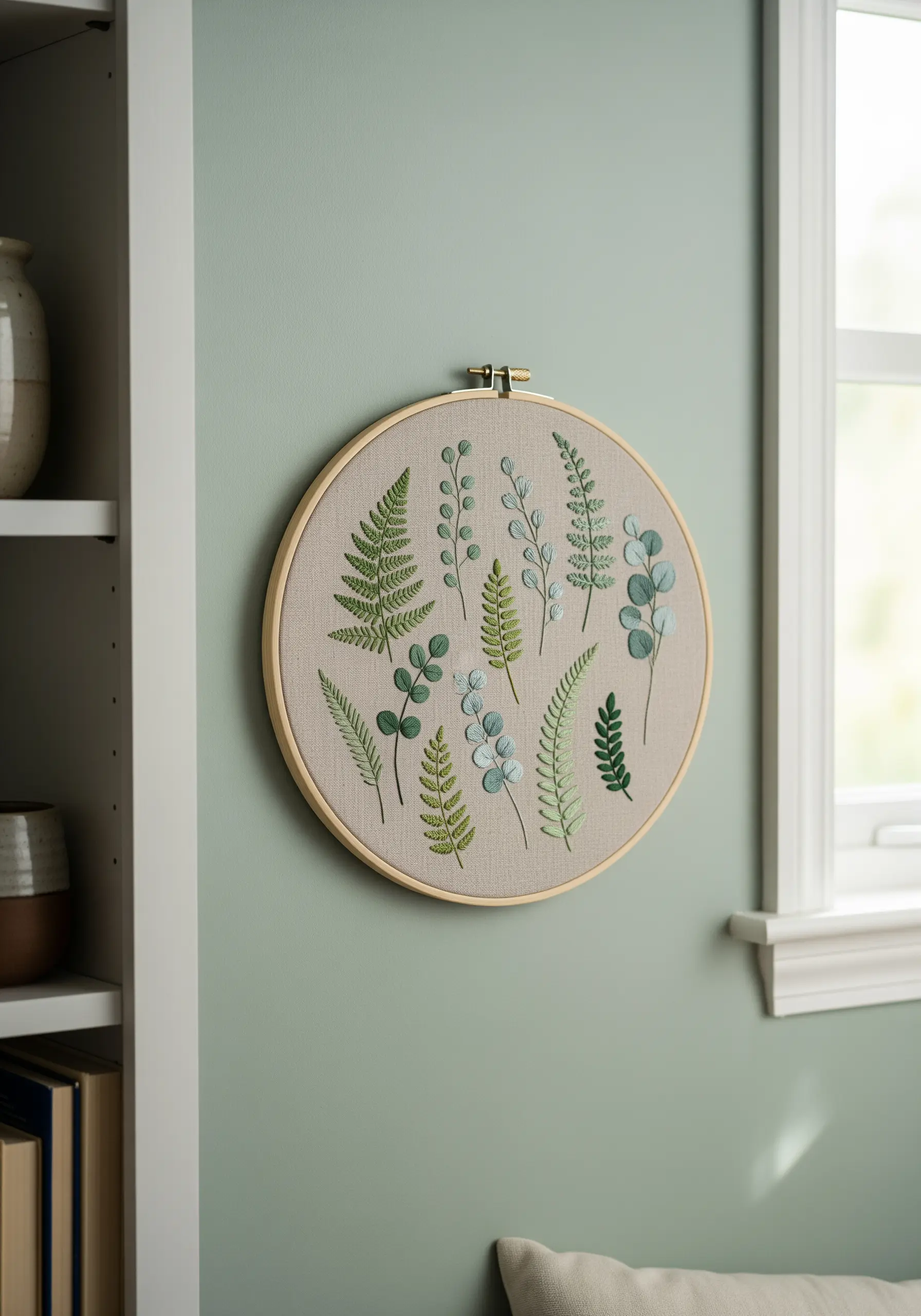 A collection of embroidered green ferns and leaves on neutral linen fabric in a wooden hoop.