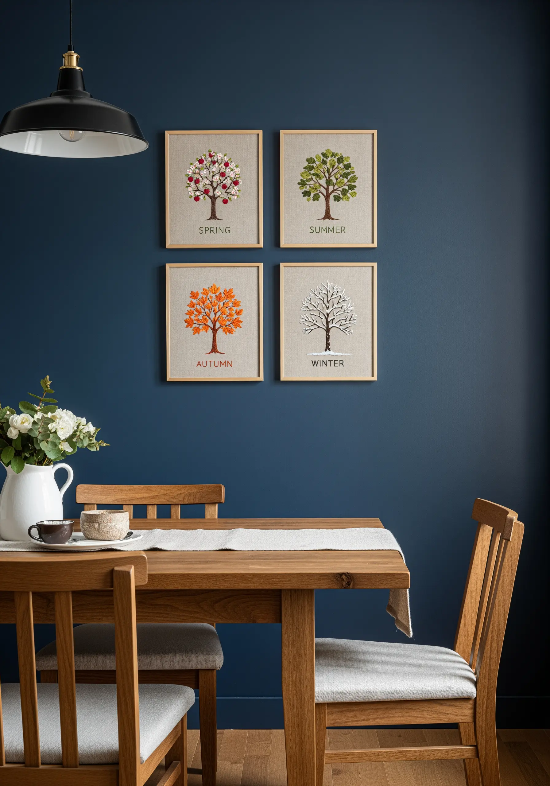 Four framed embroidery pieces, each showing a tree in a different season: spring, summer, autumn, winter.