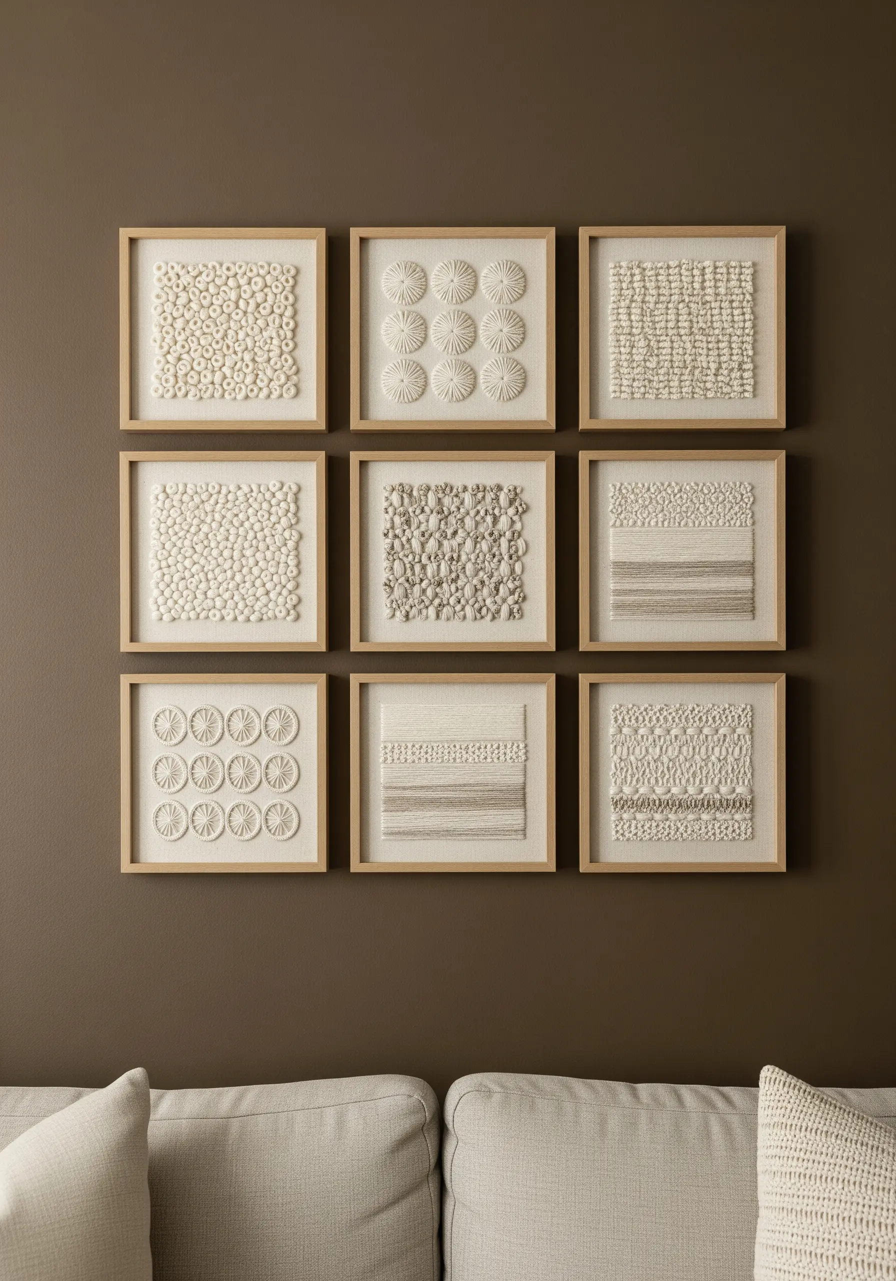 A nine-piece grid of framed embroidery showcasing various white-on-white textures.