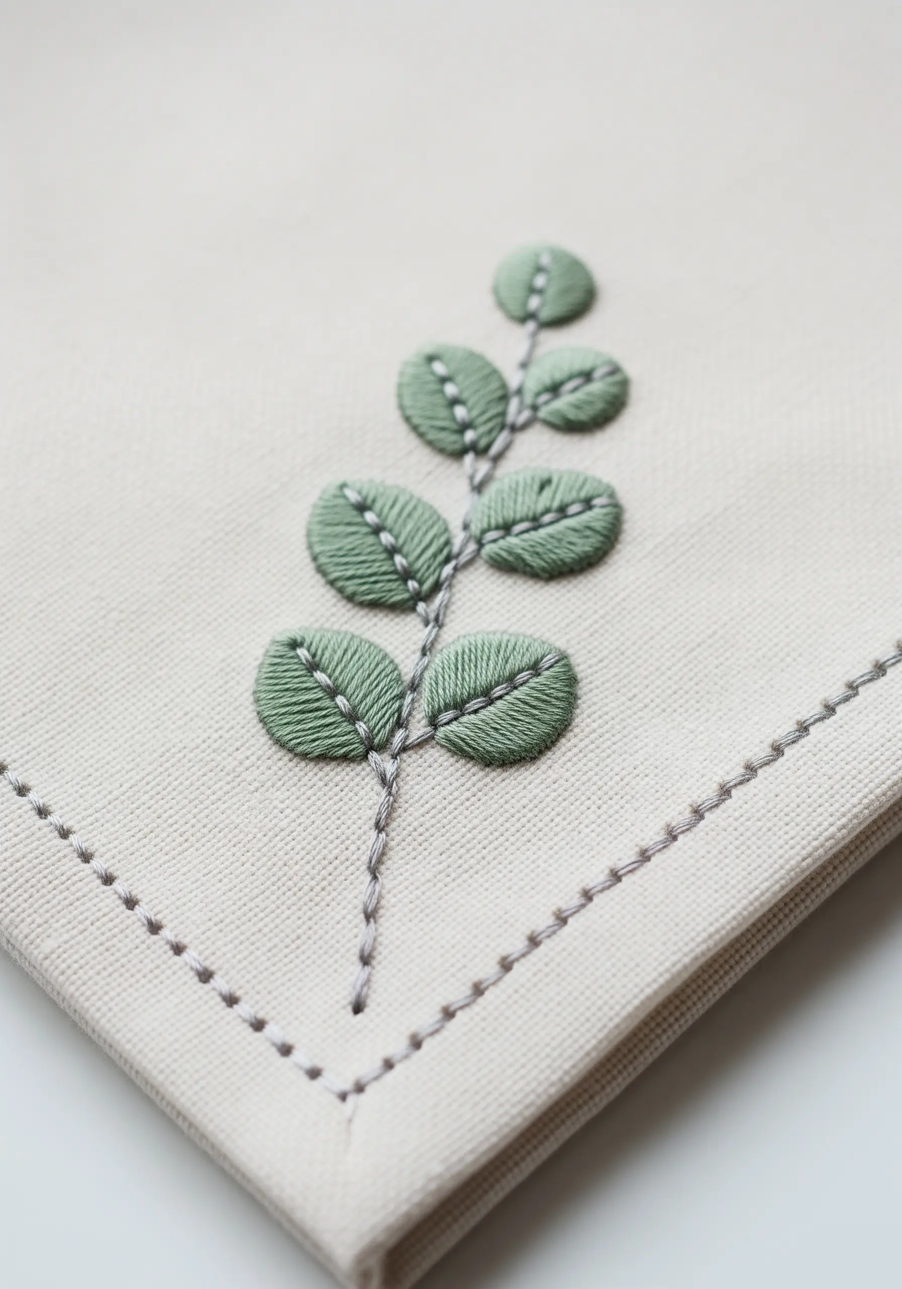 A stylized eucalyptus branch with satin-stitched leaves on a cloth napkin.