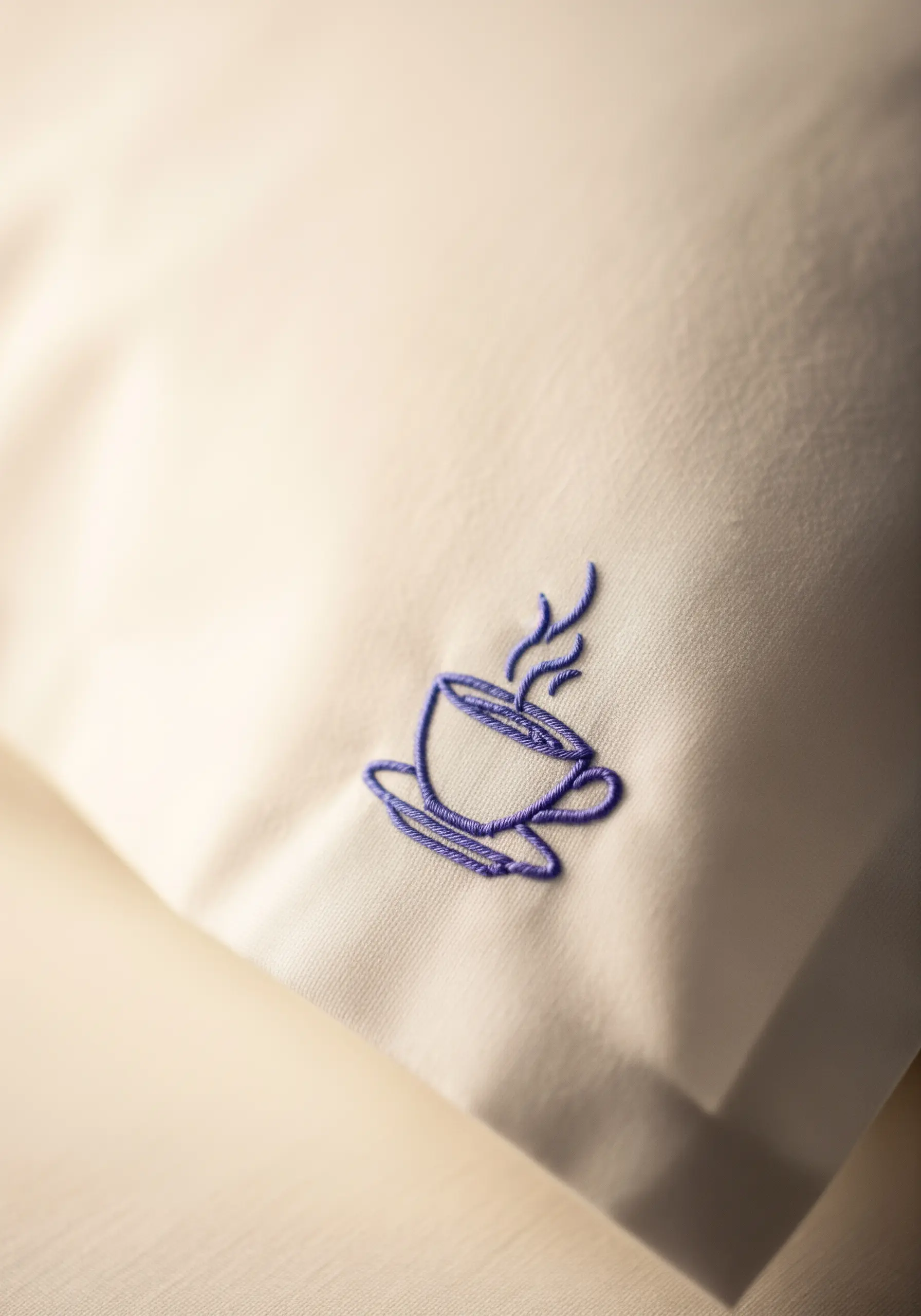 A small, simple outline of a coffee cup embroidered in blue on the corner of a pillow.
