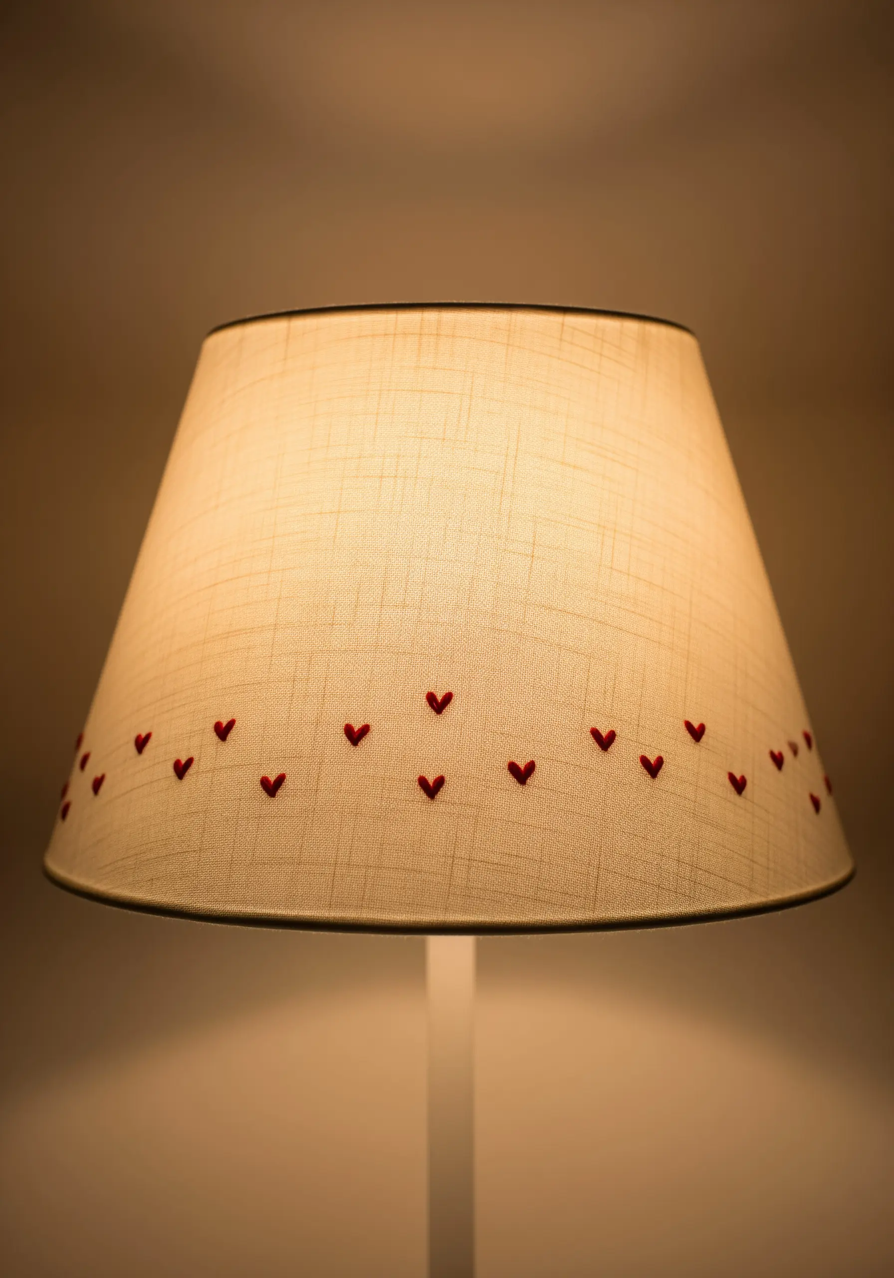 A delicate border of tiny, red embroidered hearts around the base of a lit lampshade.