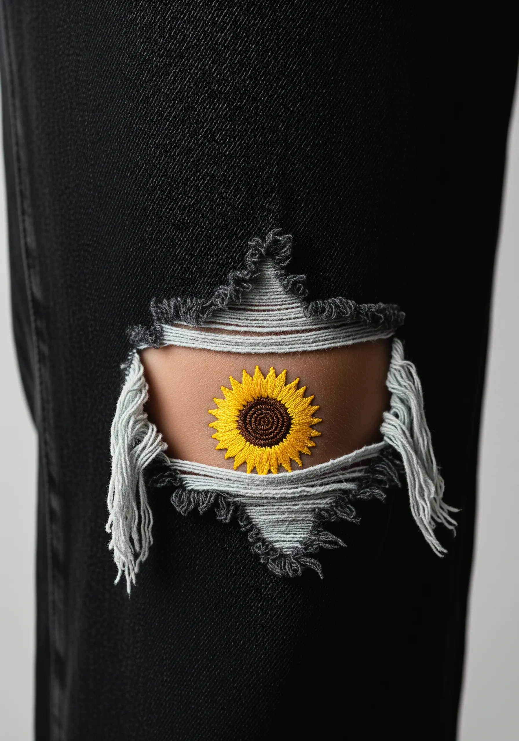An embroidered sunflower stitched over a tear in black denim jeans.