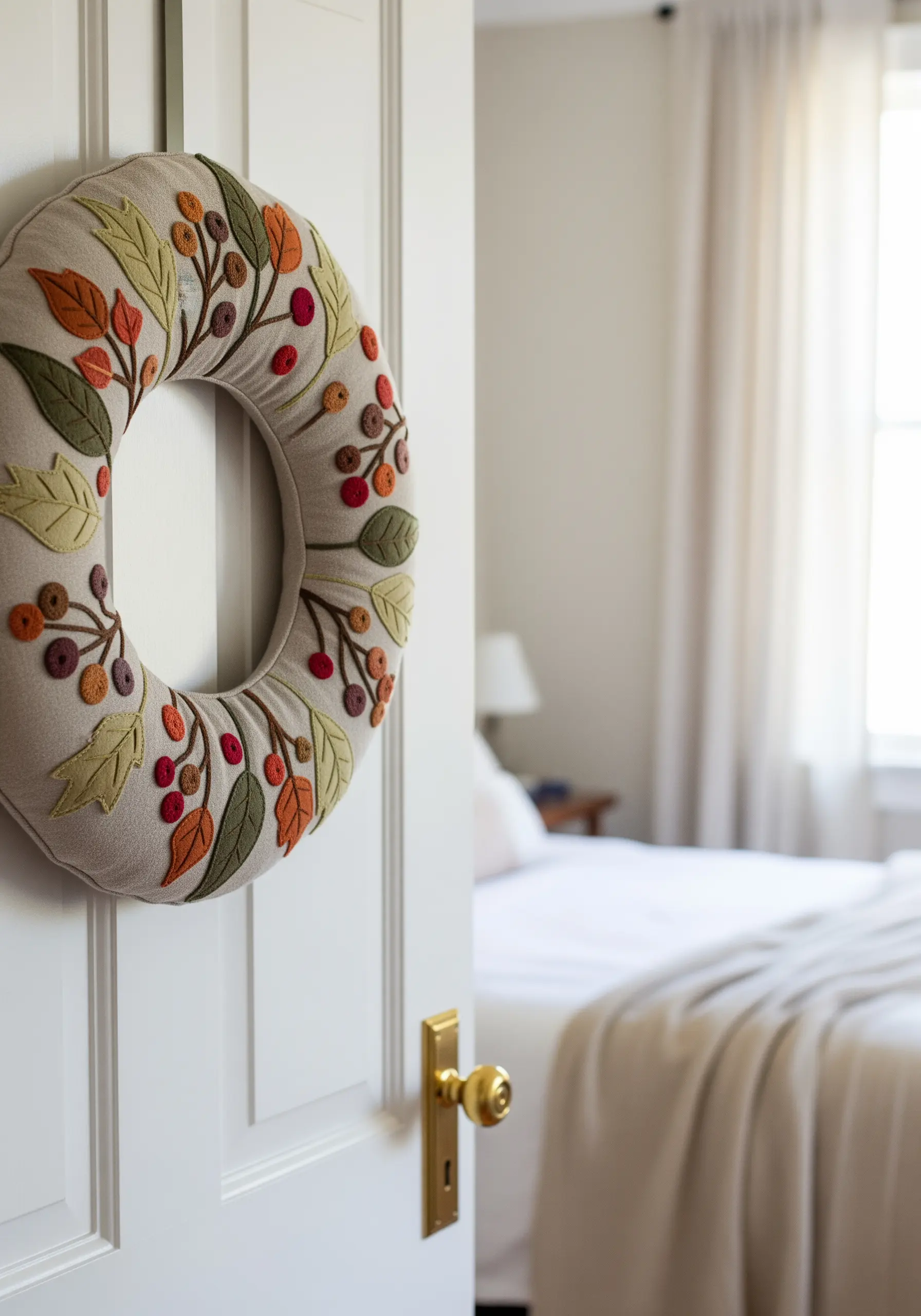 A soft, fabric wreath decorated with embroidered and appliqué autumn leaves and berries.