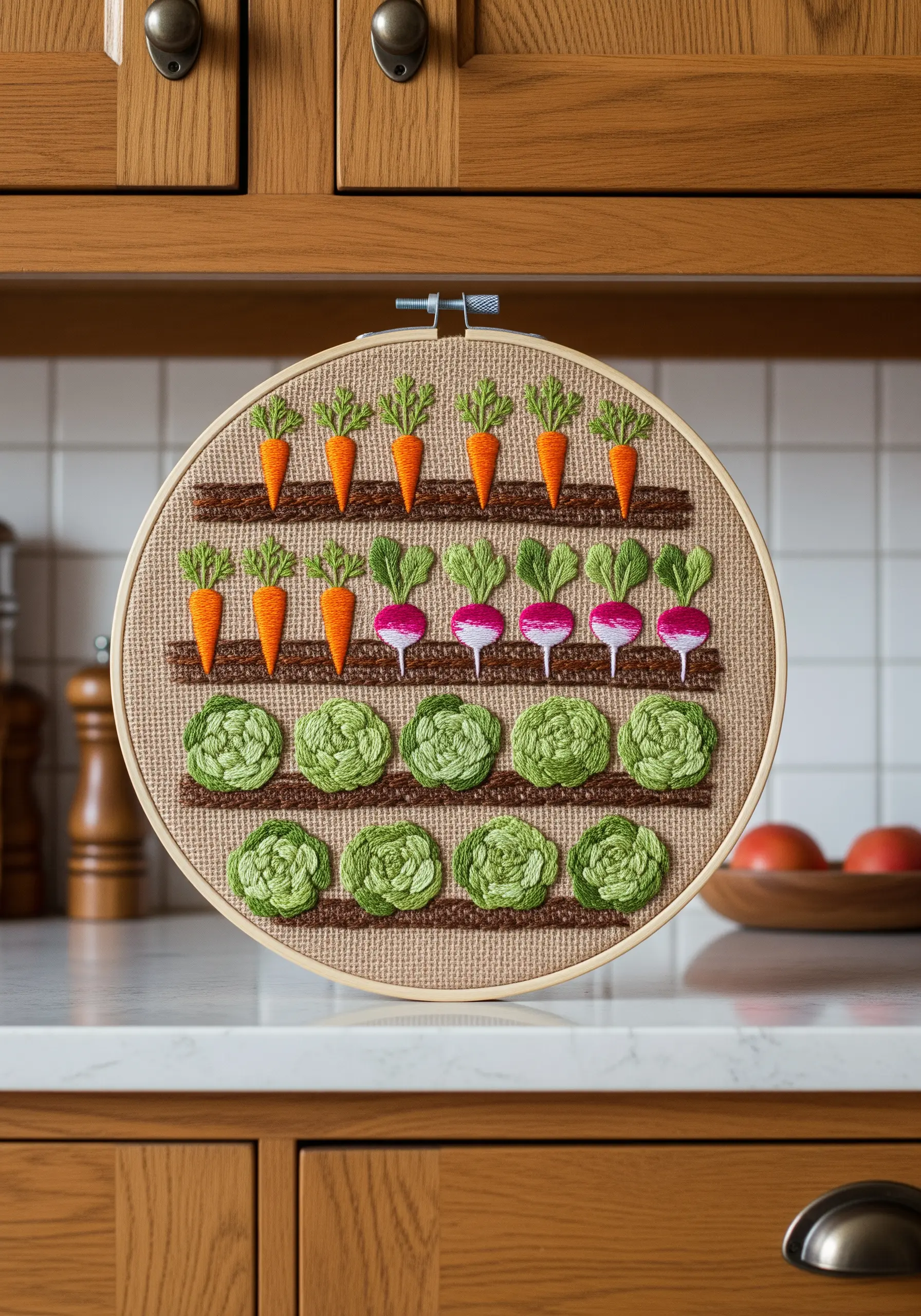 An embroidery hoop depicting rows of stitched vegetables, with dimensional stitches for lettuce.