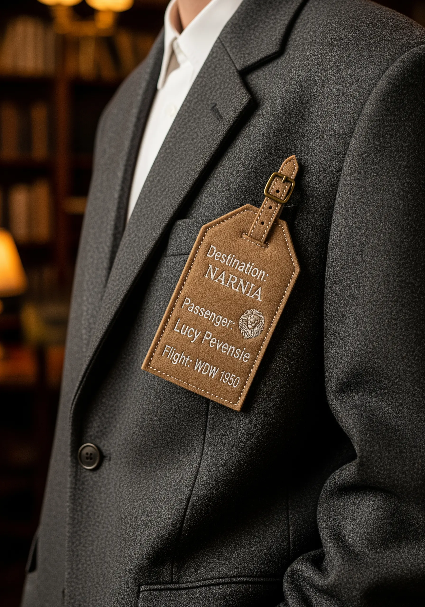 A custom leather luggage tag embroidered with a destination from a fantasy world.