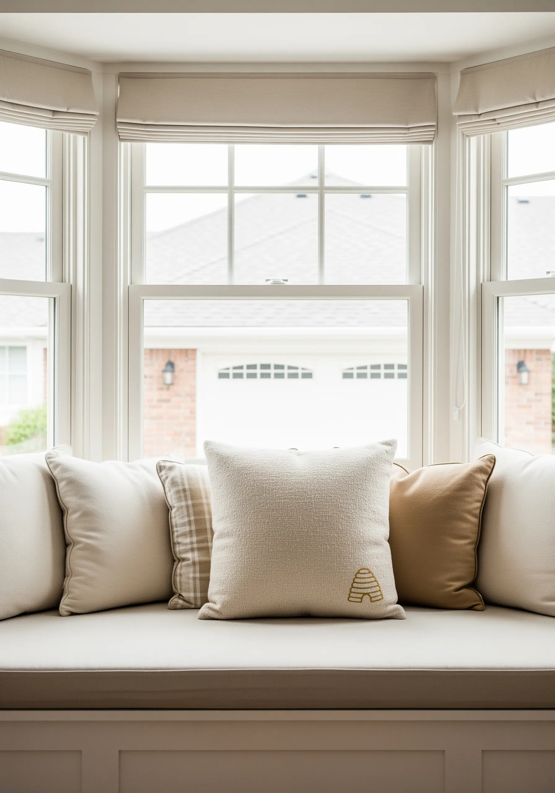 A tiny, off-center beehive motif embroidered in gold on a textured pillow.