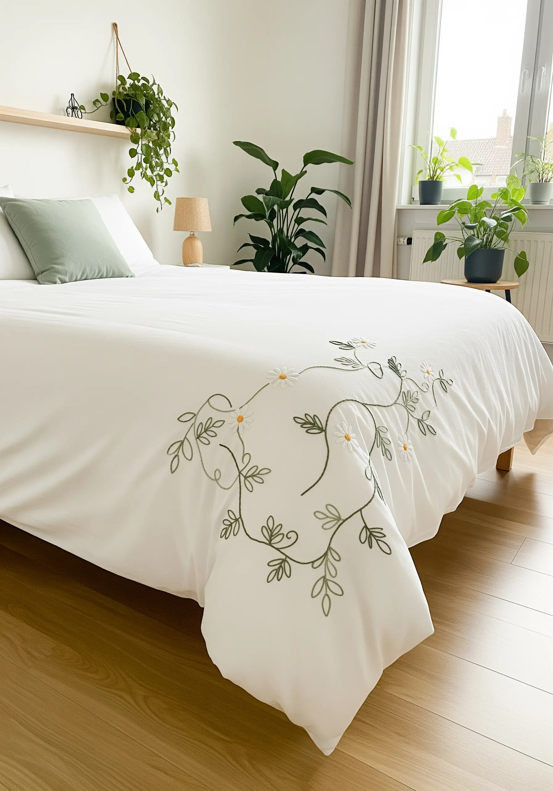 Embroidered daisy and leaf vine trailing across the corner of a white duvet cover.
