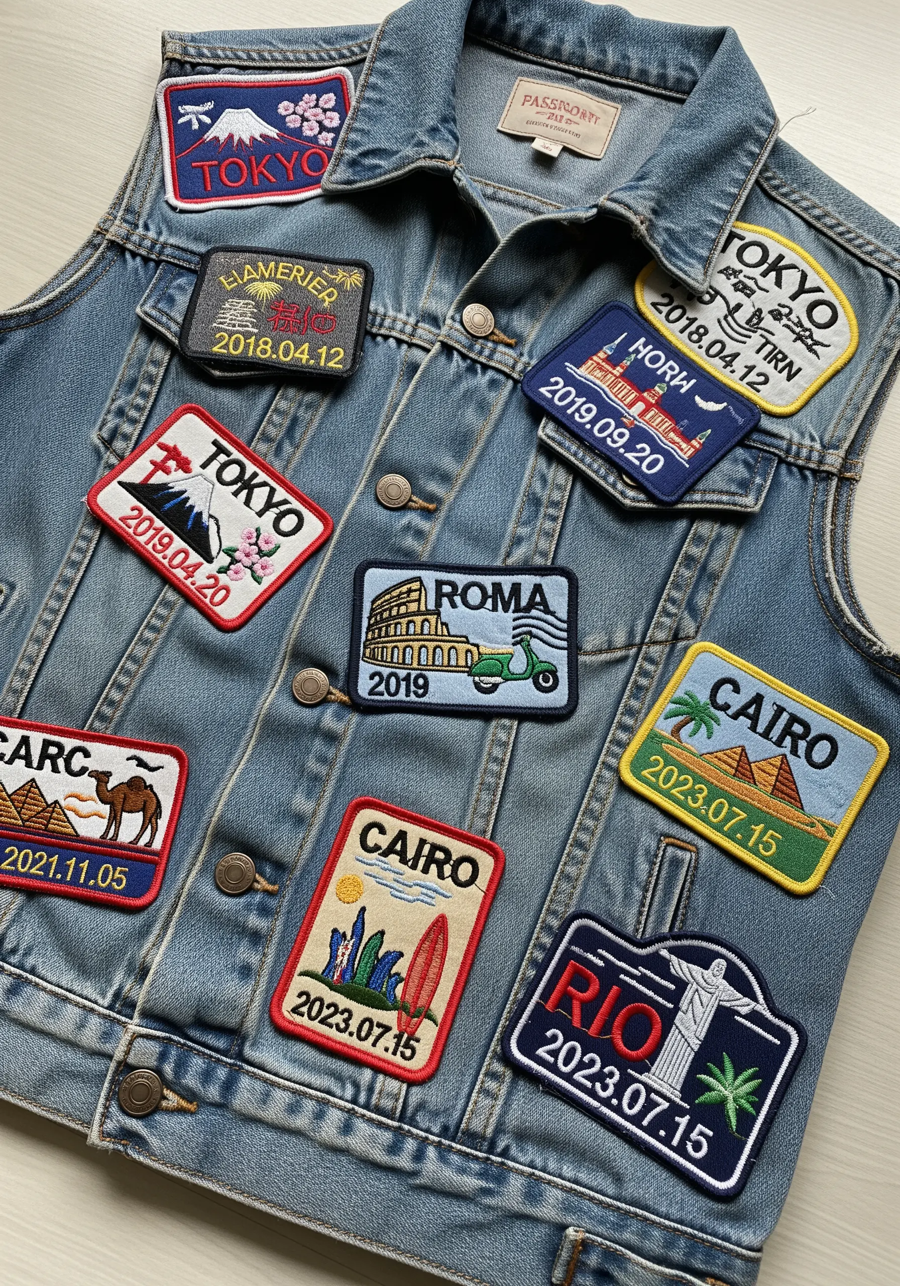 A collection of embroidered travel patches from various cities on a denim vest.