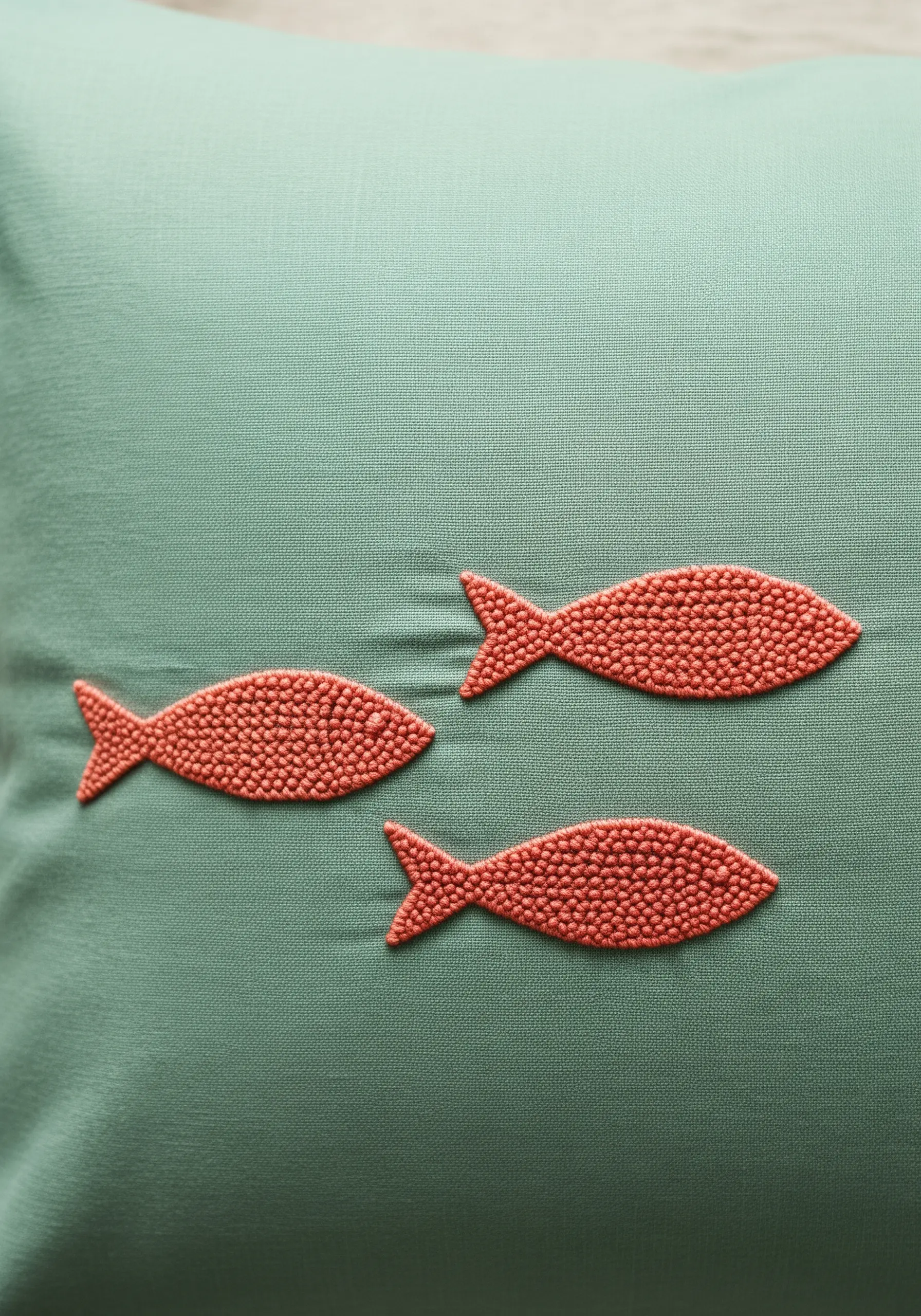 Three fish silhouettes filled with dense orange French knots on a green pillow.